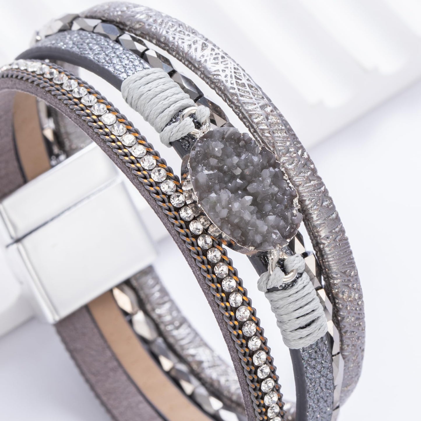 FANCY SHINY Boho Leather Wrap Bracelet Stackable Chunky Crystal Cuff Bracelets with Magnetic Clasp Cowboy Cowgirl Western Summer Beach Outfits Jewelry Gifts for Women (7.7", Grey)