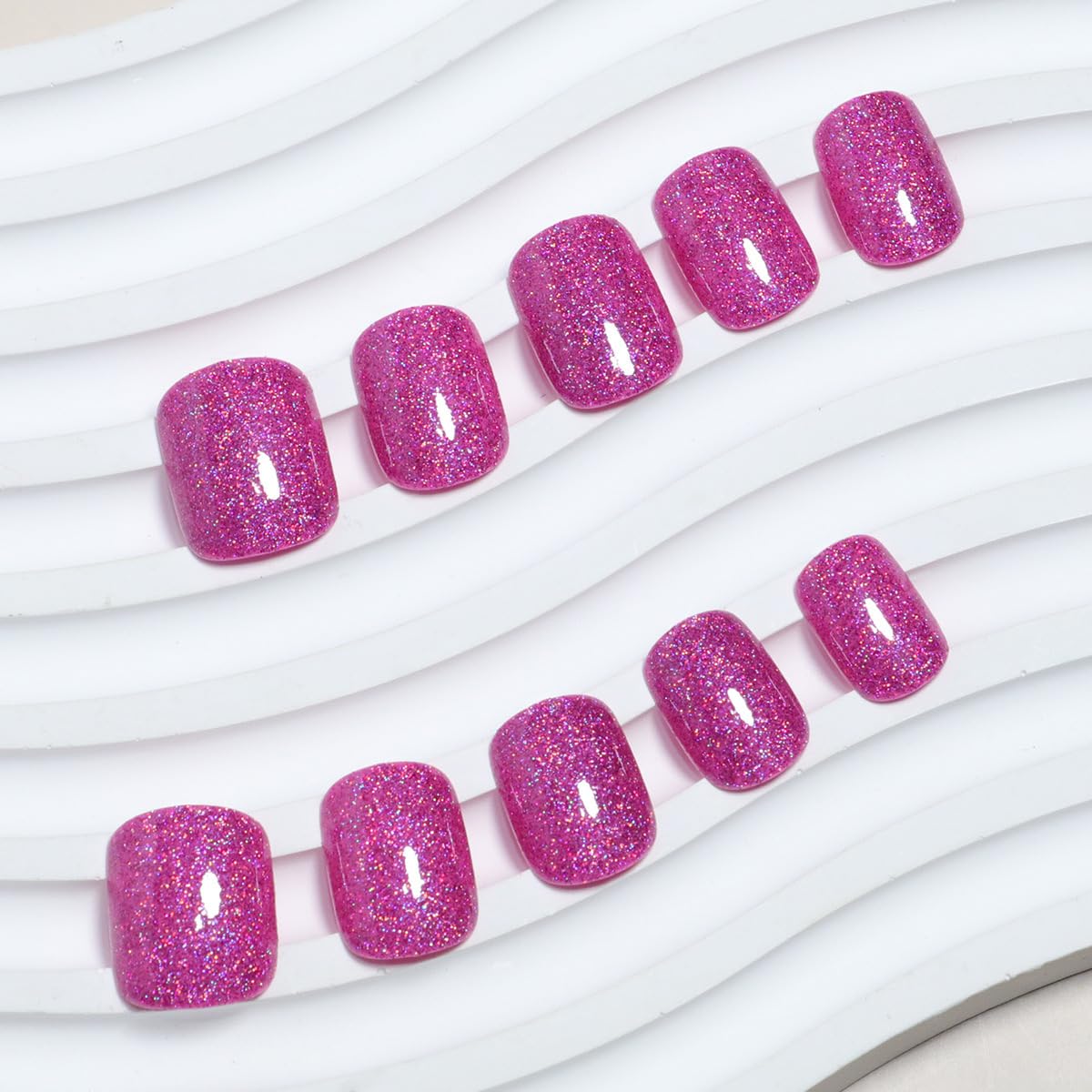 TOGZOM Pink Glitter Press On Nails Short Square Fake Nails Gel Finish Bling Acrylic Nails Kits Glossy Stick Glue on Nails Reusable Solid False Nails for Women Girl Nails Art Decoration 24Pcs, Style8