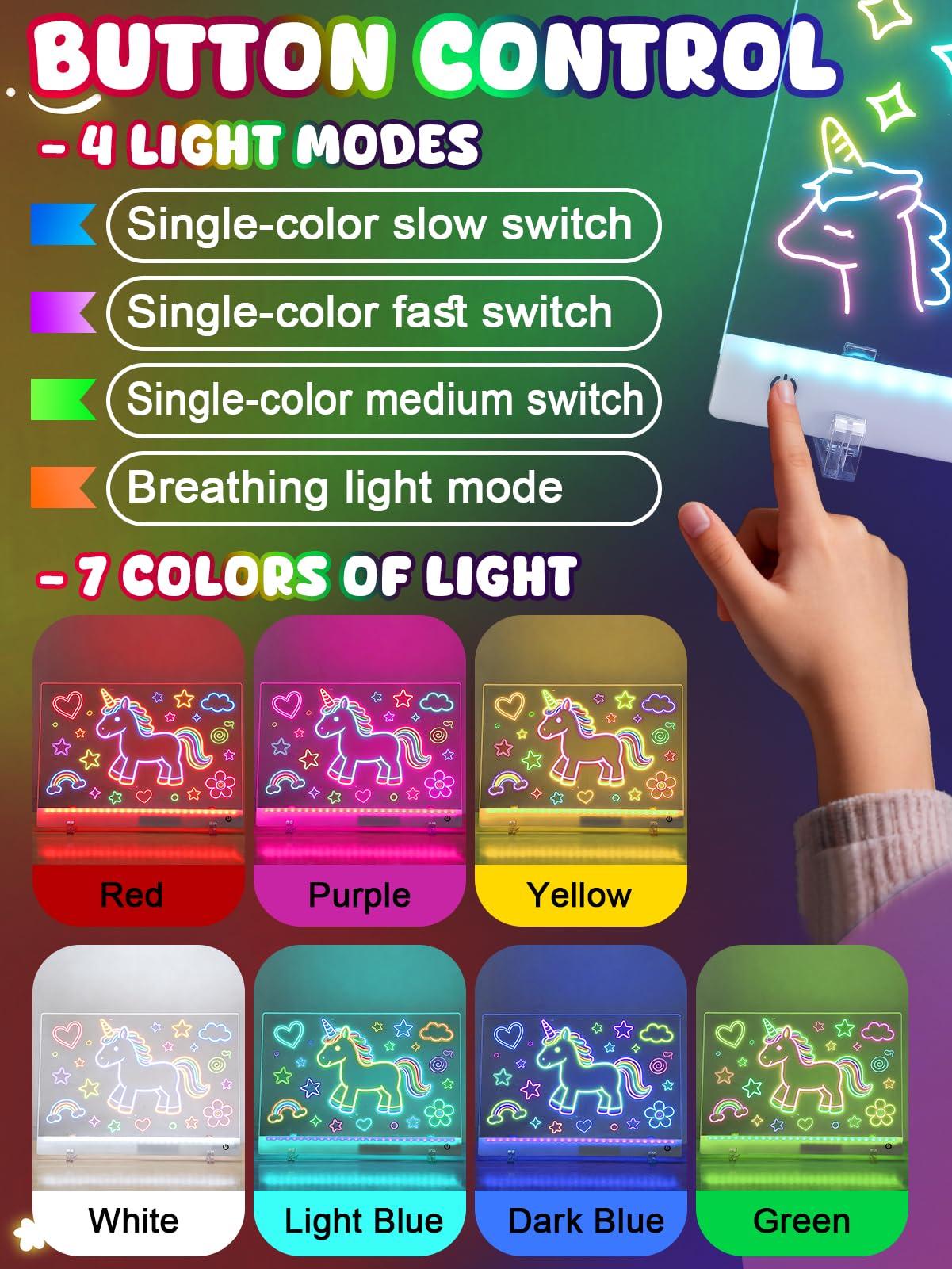 Light Up Led Drawing Board for Kids - Rechargeable 9.8"x13.8" Acrylic Led Note Board with 7 Colors & 4 Modes, Doodle Boards for Art Toys, Birthday Gifts for Grandkids