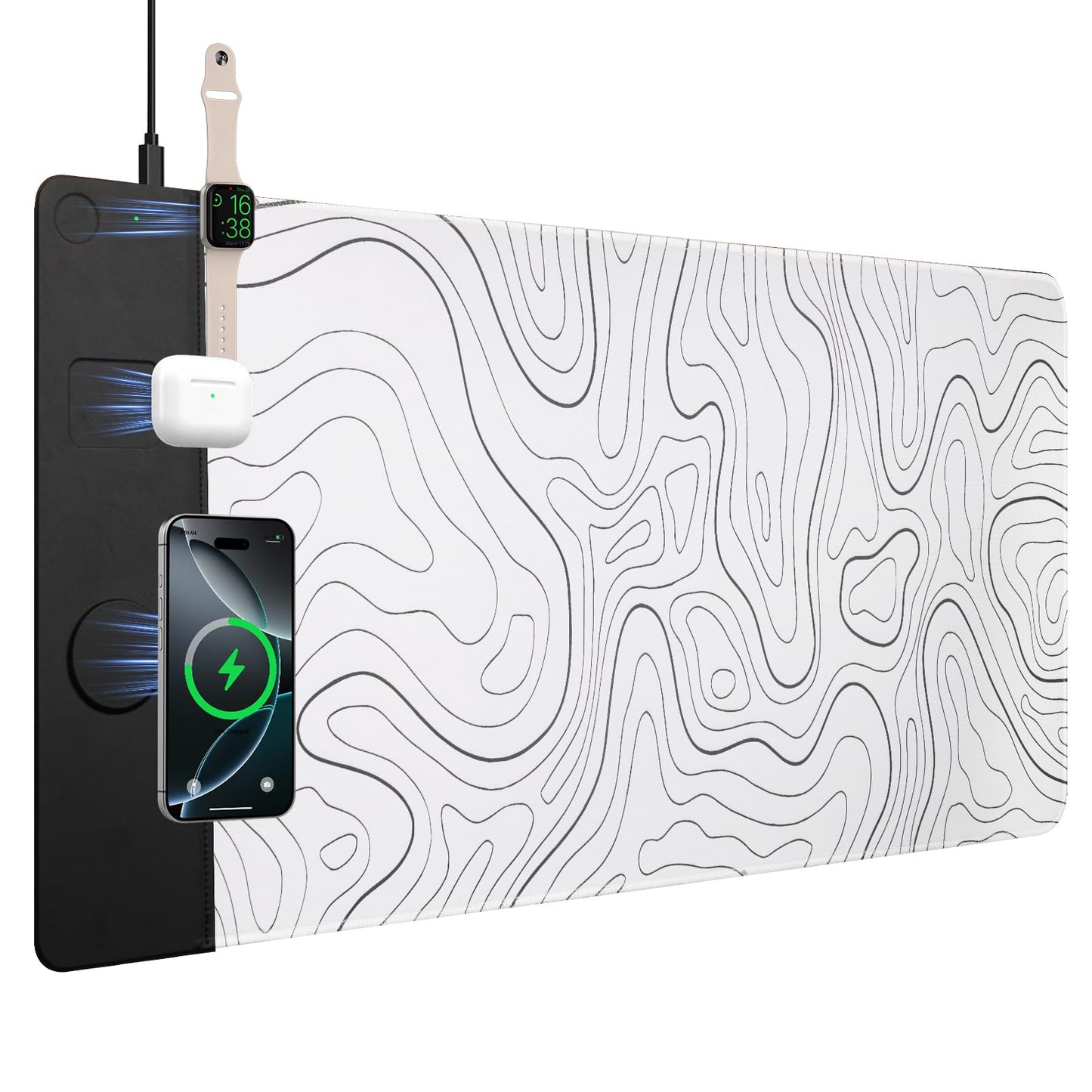 VOVIPO 3 in 1 Wireless Charging Mouse Pad, Desk Mat with Wireless Charger Multiple Devices Compitable with Watch/iPhone, White Topographic Large Desk Mat(90 x 40cm) for MacBook, PC, Laptop