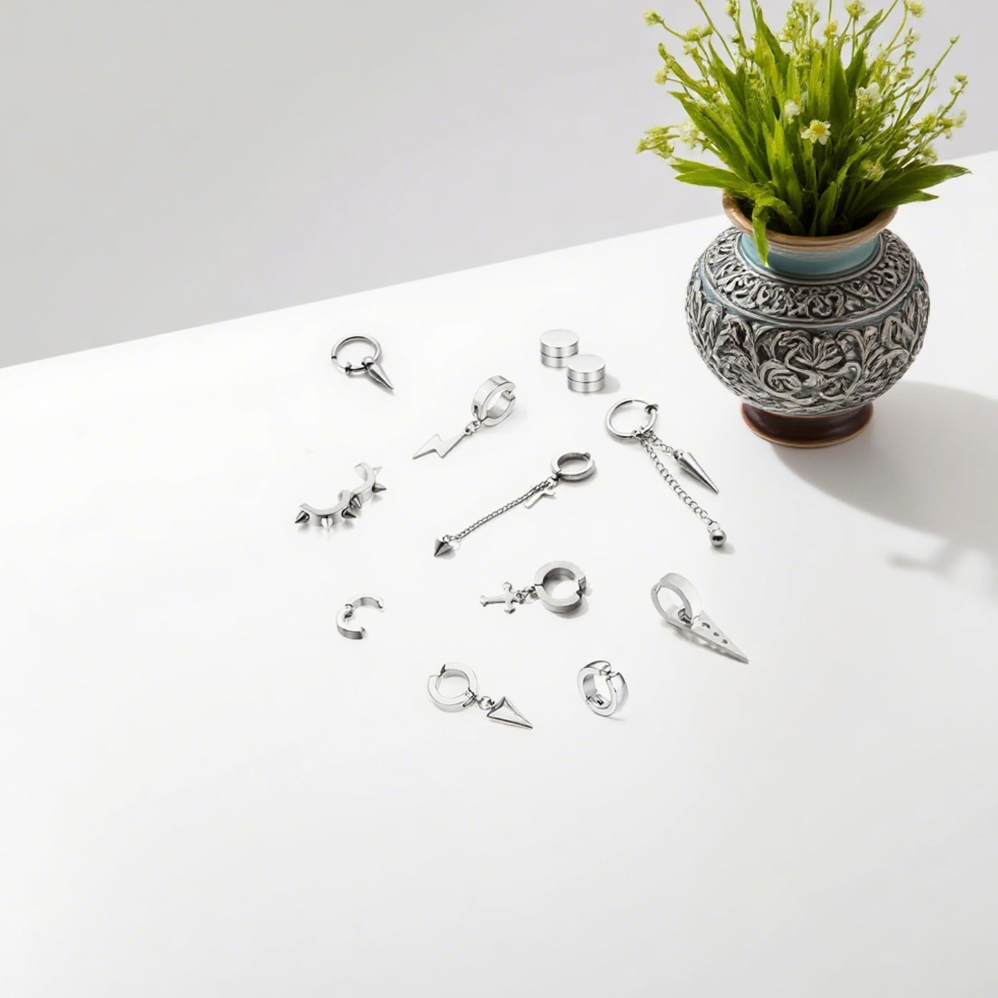 14 Pcs Silver Punk Stainless Steel Fake Piercing Spike Rivet Cross Triangle Dangle Tassel Clip on Hoop Earrings Set for Women Men, Non Pierced Fake Stud Earrings (Silver-Set A)
