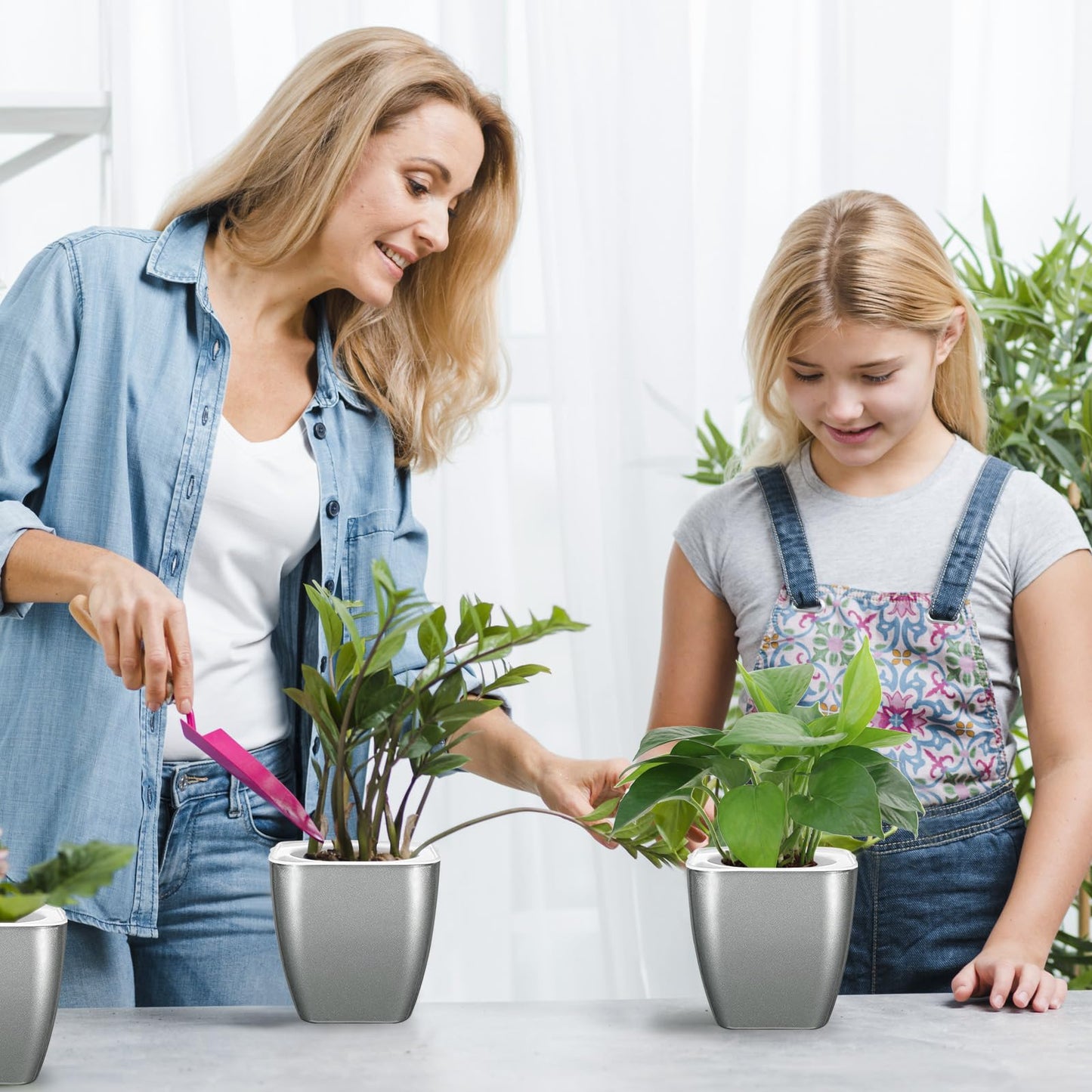 Oliz 4 Pack Self Watering Pots 4-inch Decorative Flower Planters for Indoor Plants Modern Square planters for Small Plants Window Sill Planters for Succulents, African Violets, Herbs(Sliver Black)