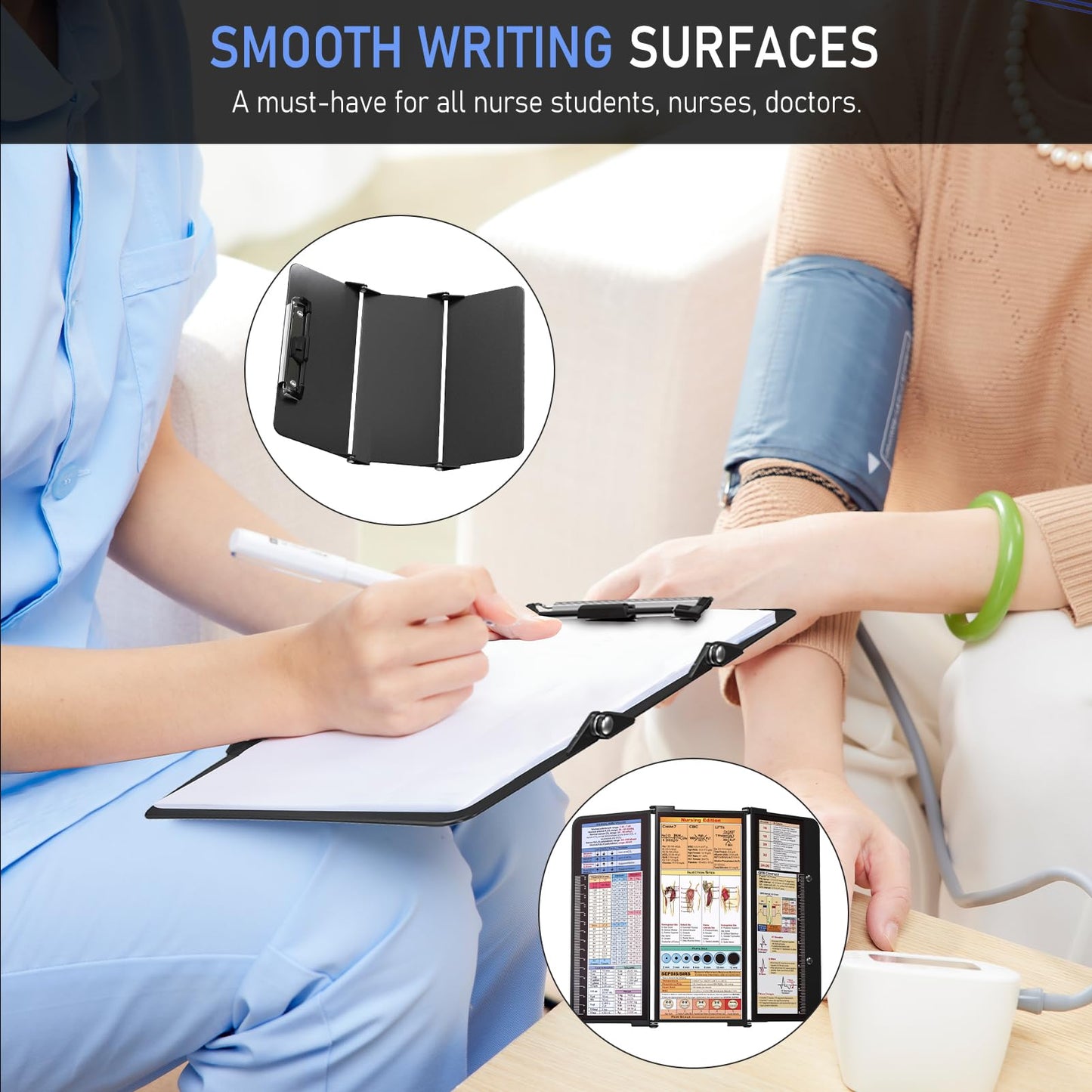 Nursing Clipboard Foldable, Foldable Clip Board w/Nursing Edition Cheat Charts, 3 Layers Aluminum, Nurse Clipboards w/Low Profile Clip & Pen Clip Pocket for Students, Nurses and Doctors, Black