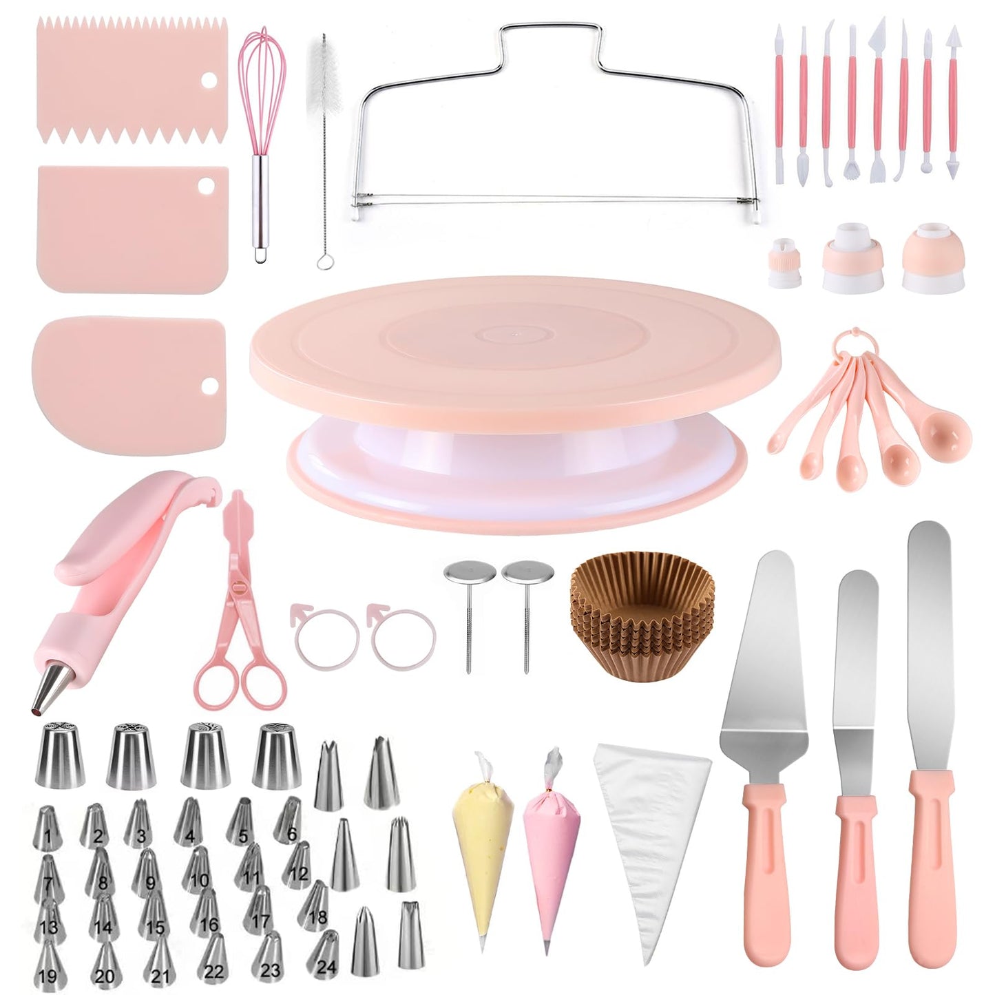 FGASIDYO 207PCS Cake Decorating Kit Includes Revolving cake turntable for decorating, Icing Bags and Tips Set, 3 Spatulas, 3 Cake Scraper, 100 Piping Bags, frosting piping kit,and 3 Coupler for Baking