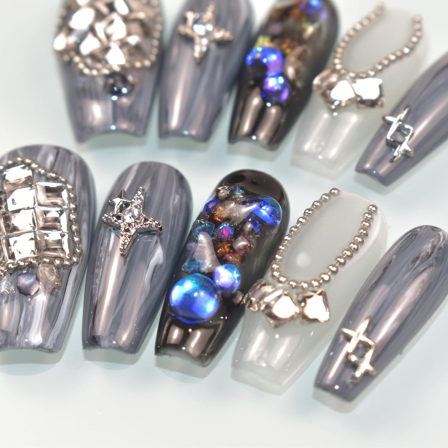 LIFOOST Long Coffin Press on Nails Handmade False Nails with Full Diamond Designs, Grey Y2k Luxury Reusable Fake Nails Stick on Nail, Size Small