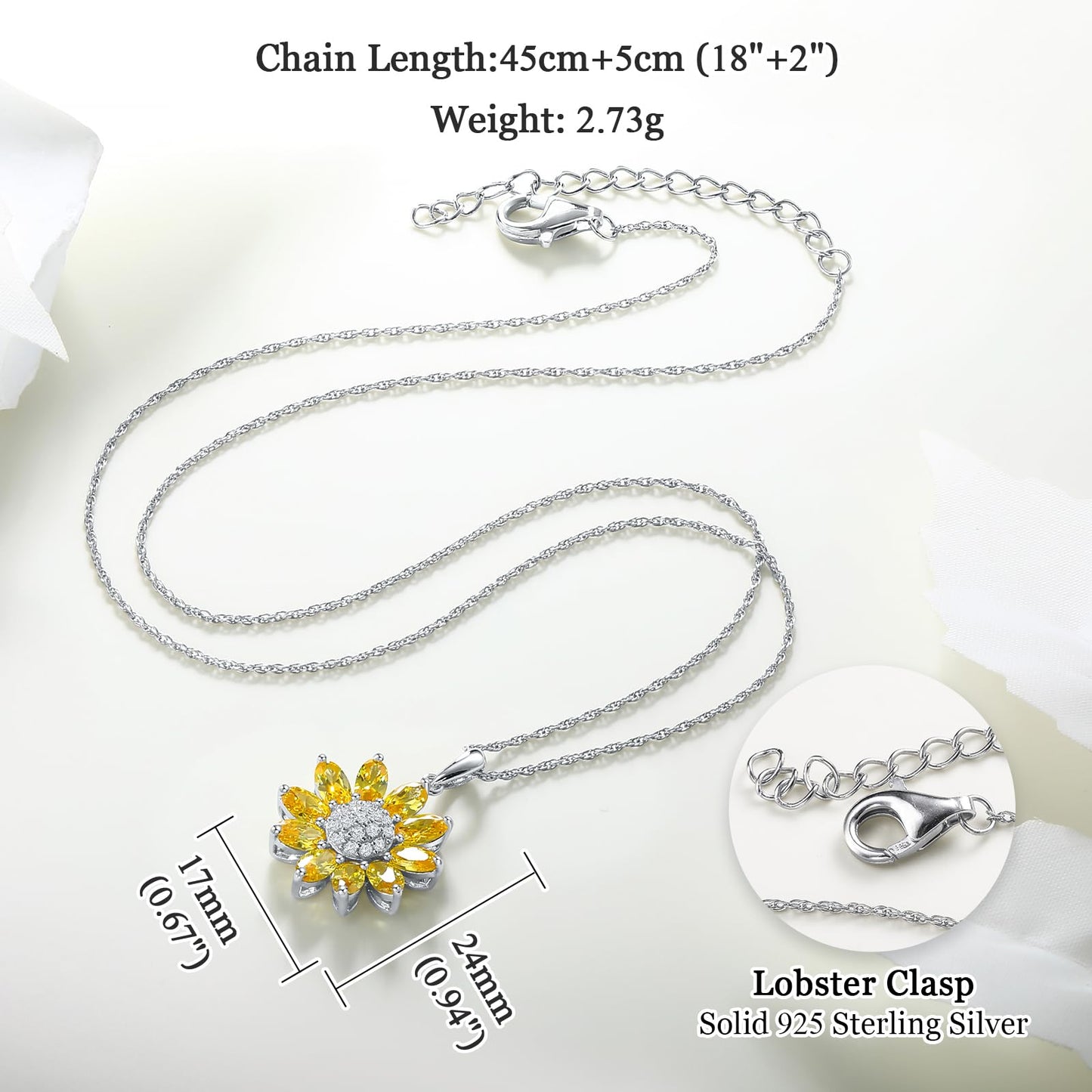 RANDES 925 Sterling Silver Sunflower Necklaces for Women Small Created Citrine Crystal Pendant Sunshine Flowers Necklace