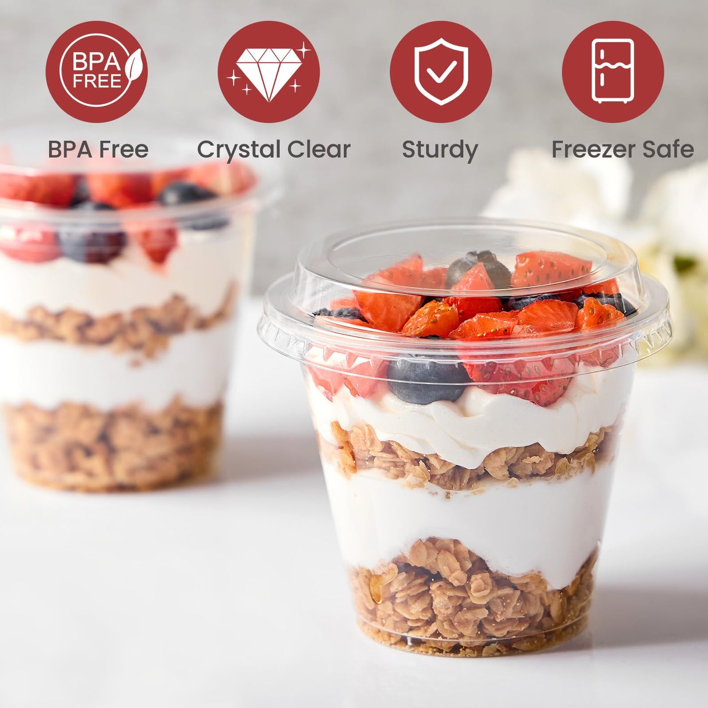 Jycnolm 50 Pack 9 oz Plastic Dessert Cups with Lids, Small Plastic Yogurt Parfait Cups, Mini Round Party Serving Cup for Pudding, Fruit, Cake, Appetizer, Dessert Shot Glasses
