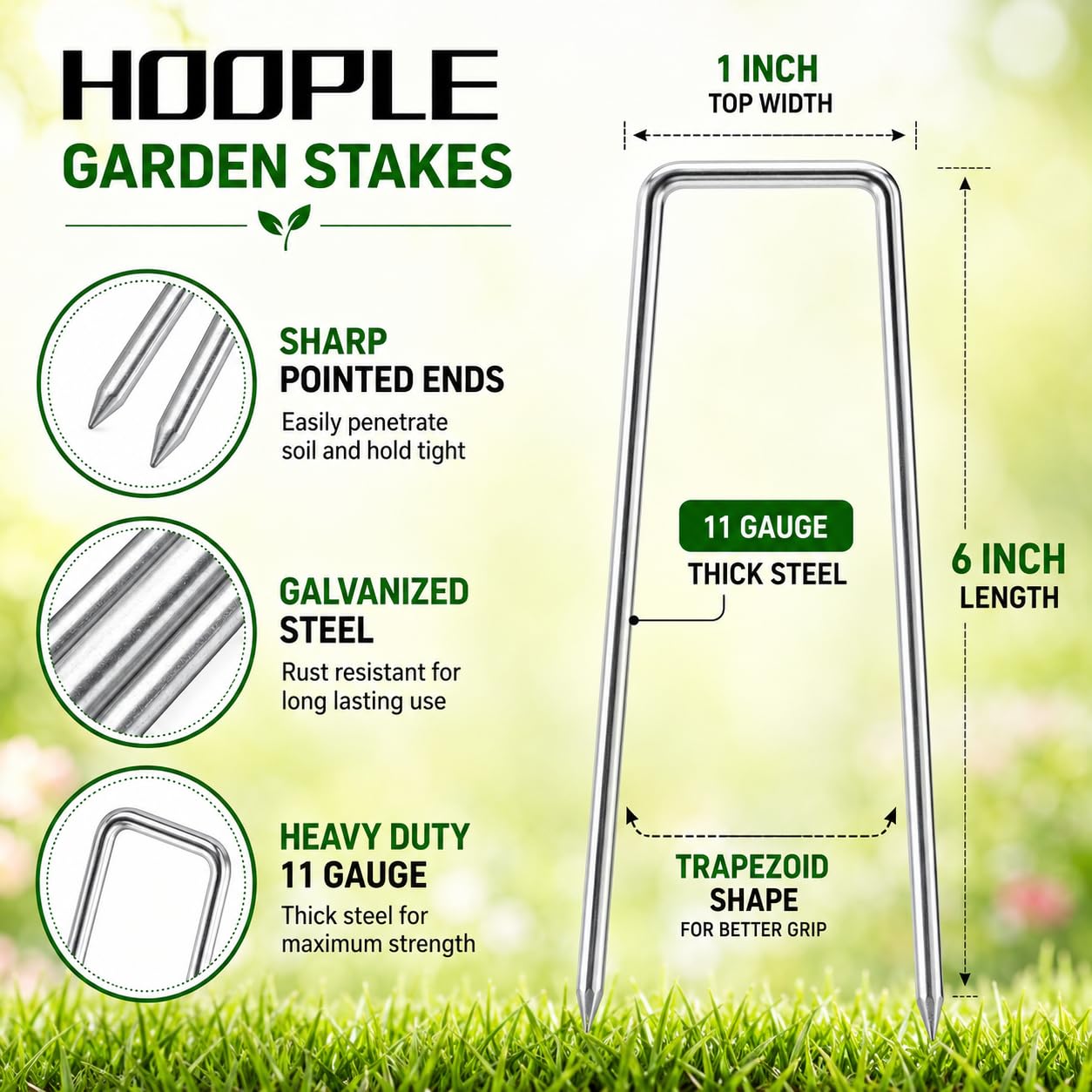 HOOPLE 100 Pack 6 Inch 11 Gauge Heavy Duty Galvanized Landscape Staples, Garden Stakes & Sod Pins for Securing Weed Barrier Fabric, Landscape Fabric, Hoses, Netting & Outdoor Decorations