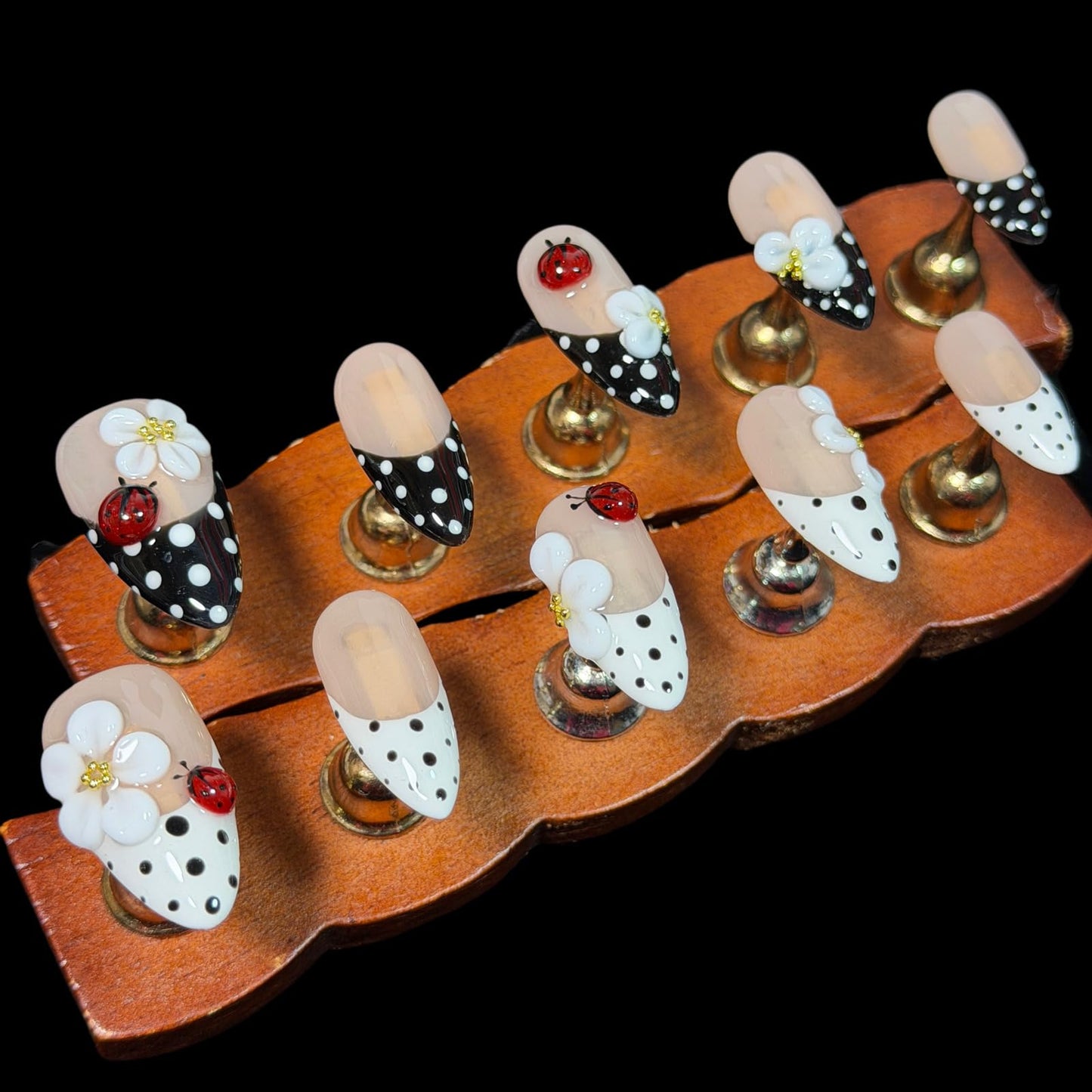 Handmade Press On Nails, 3D Floral & Ladybug Design - Medium Almond, Black & White Polka Dot with Nude Base, Thick Acrylic False Nails Ladybird (L)