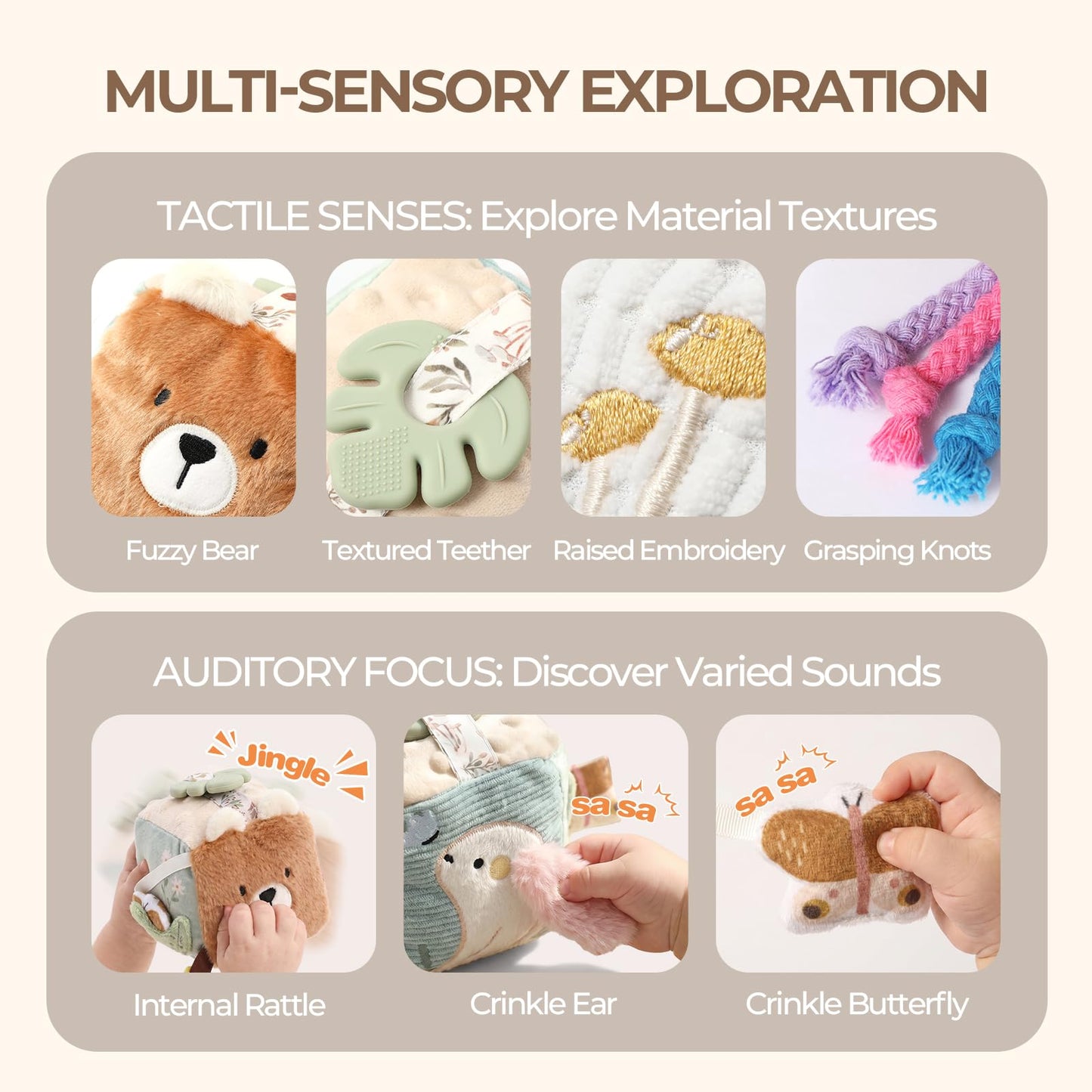 let's make Bear Baby Activity Cube for Babies 0-12 Months, Soft Activity Block Toy with Food-Grade Teether & Baby-Safe Mirror, Tummy Time Crinkle Toy for Infants Boys Girls