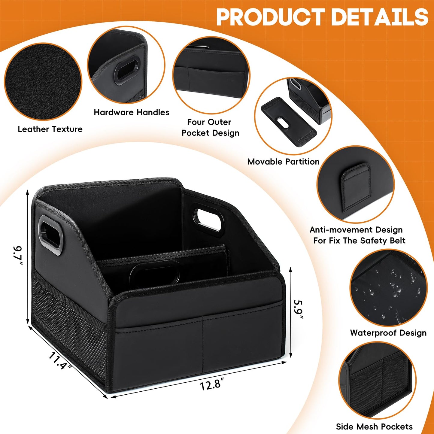 Adullama Car Storage Organizer Reinforced Dividable Leather Car Caddy Basket for Front Seat Floor Back Sturdy Frosted Handle 8 Compartments Adjustable Strap Buckles Slip-Resistant (Normal)