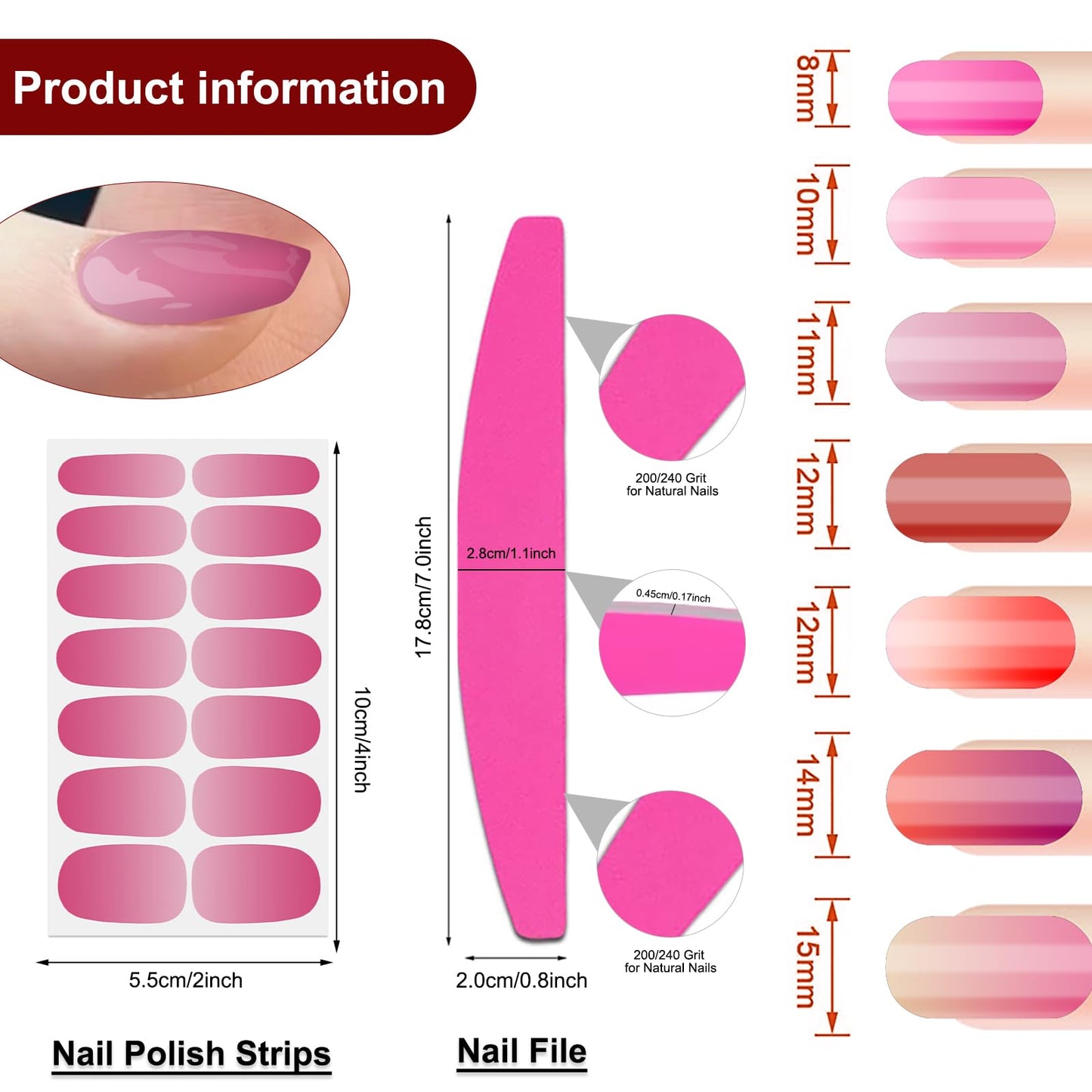 SILPECWEE Nail Polish Stickers, 20 Sheets Pink Solid Nail Stickers Full Nail Wraps with File Self Adhesive Nail Polish Strips Gel Nails Strips Fingernail Nail Art Sticker Nails for Women