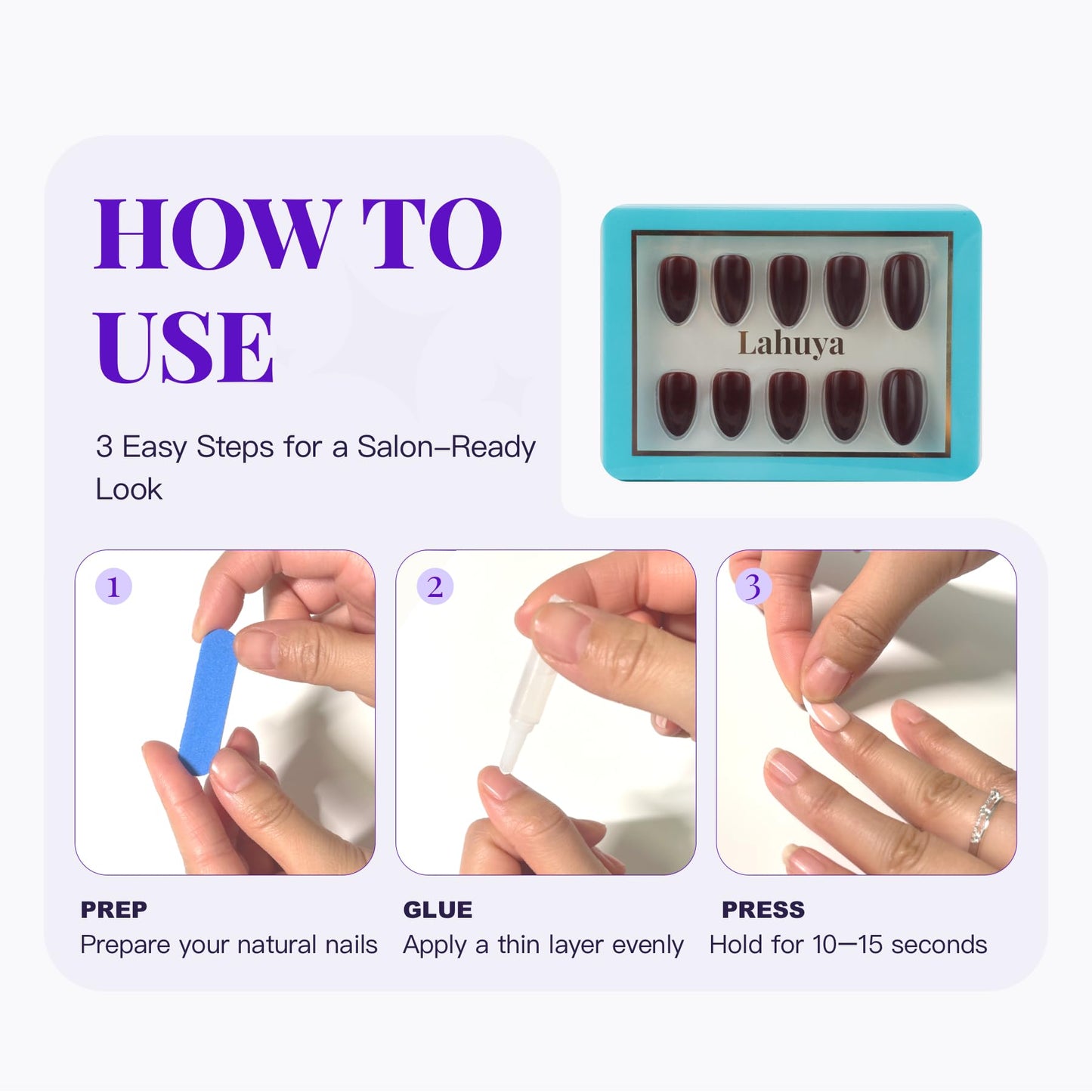 LAHUYA Press On Nails – Cocoa Bordeaux | Nail Artist Designed Short Almond Fake Nails with Dark Cocoa Red Glossy Finish, 15 Sizes – 30 Nails Kit with Glue