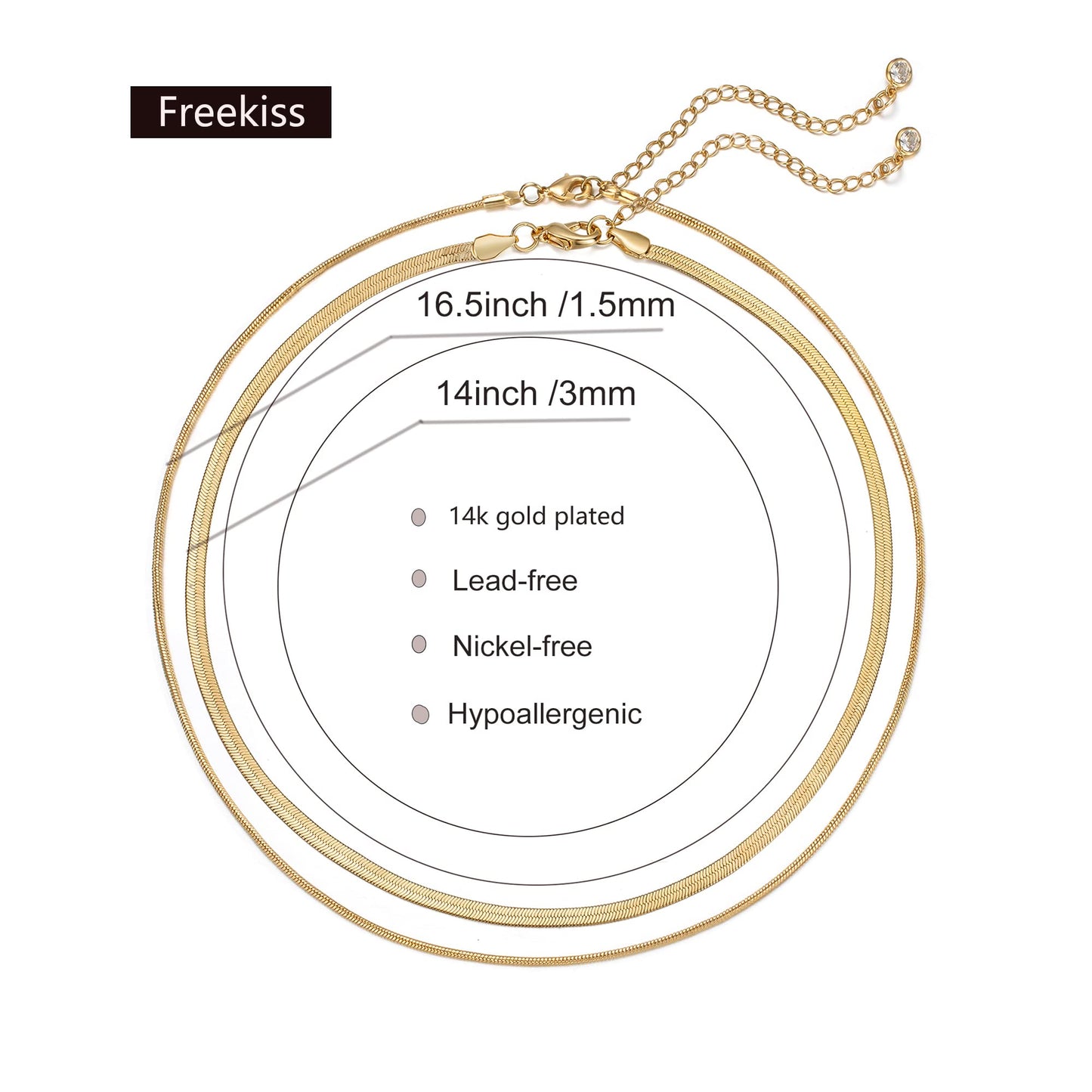 Freekiss Gold Herringbone Necklace for Women, Dainty 14k Gold Plated Flat Snake Gold Chain Choker, 16.5 inches, Perfect for Layering and Gifting