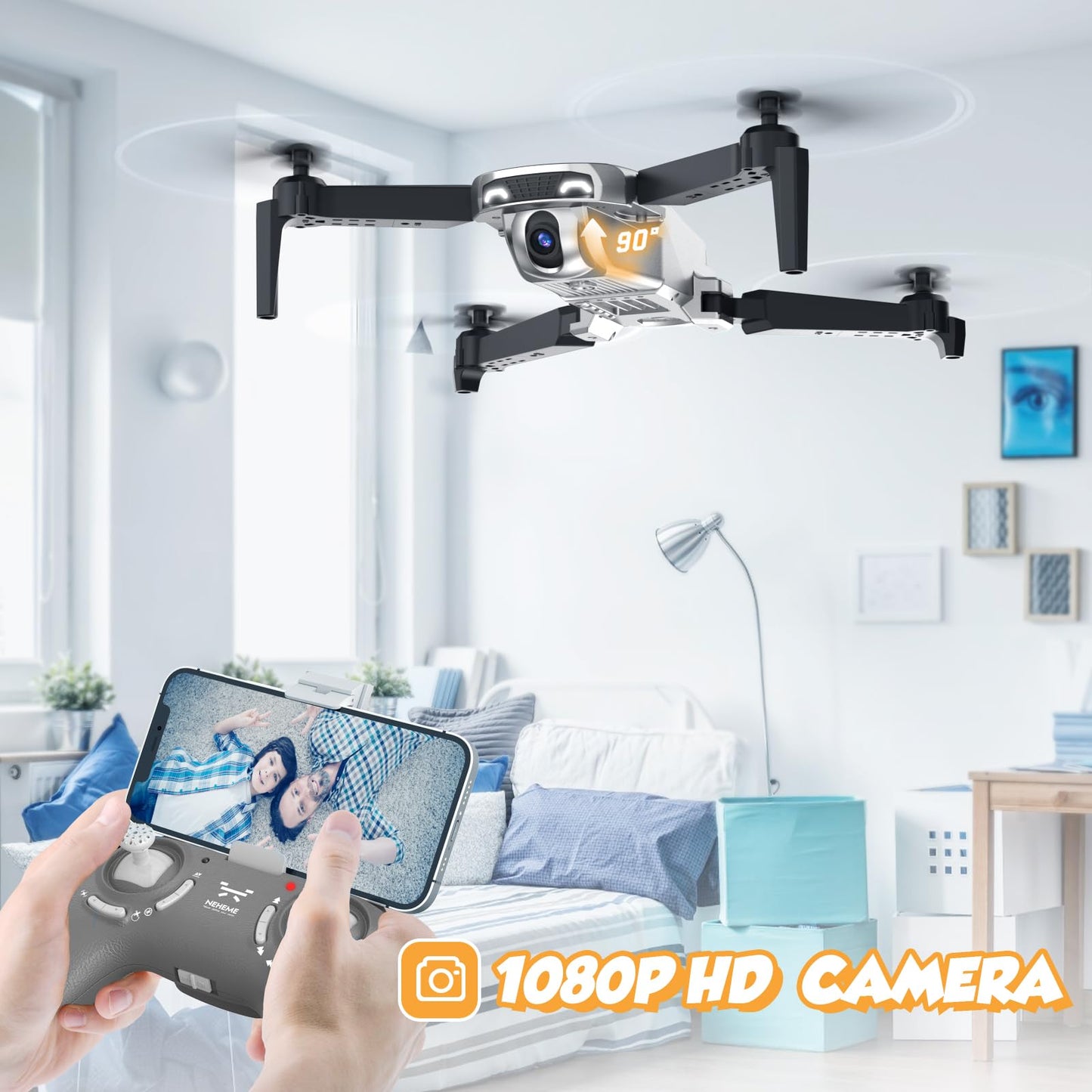 NEHEME Drones for Kids with Camera - Remote Control Helicopter Toys Gifts for Boys Girls, 1080P HD FPV RC Quadcopter for Adults, One Key Start/Land, Altitude Hold, Gravity Control, 2 Batteries, Silver