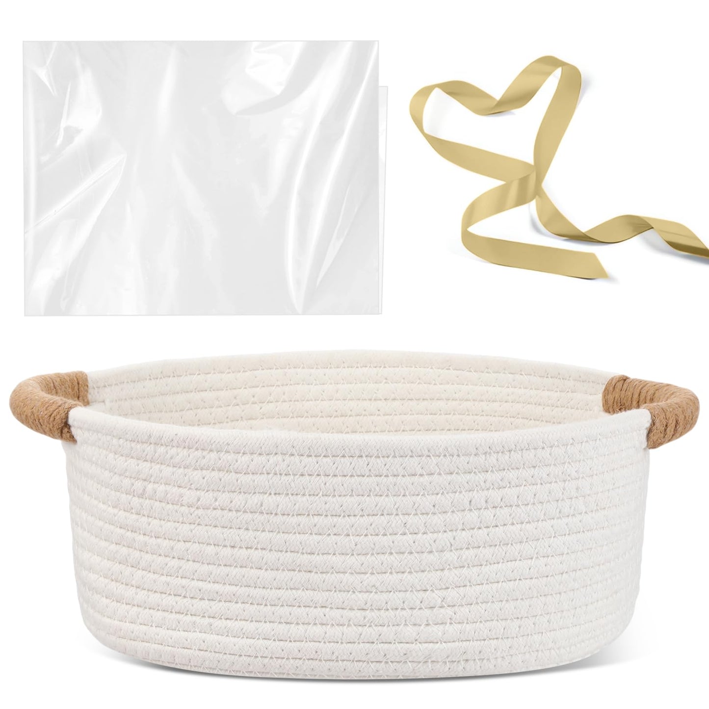 Colingmill Graduation Woven Gift Basket with Gift Bags and Ribbons 12"x8"x5" Empty Cotton Rope Storage Basket for Birthdays Wedding DIY Present(White)
