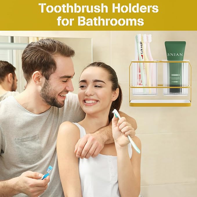 Gold Toothbrush Holders for Bathrooms, 2 Cups Toothbrush Holders Wall Mounted, Dry & Wet Separation, Bathroom Organizer and Storage - Bathroom Toothbrush Holder Set for Family Kids