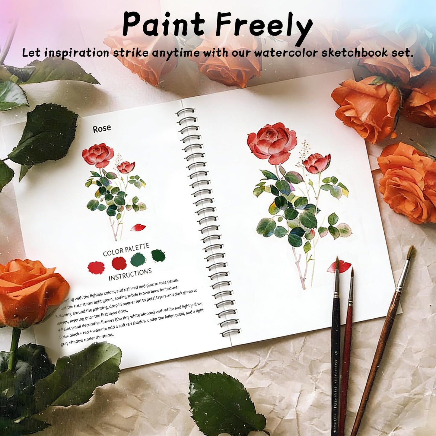 Watercolor Kit for Adults Beginners - 48 Colors Paint Set with 3 Workbooks & 3 Brushes, Step by Step Painting Guide, Create 30 Pictures in 30 Mins, All-in-One Art Supplies Gift