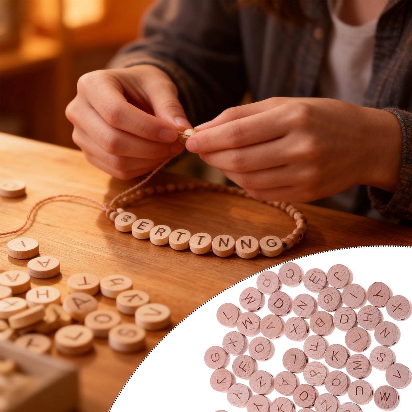 104 Pcs 15mm Alphabet Wooden Beads Round Flat Alphabet Beads Wooden Loose Bead with Initial Letter for Handmade DIY Projects