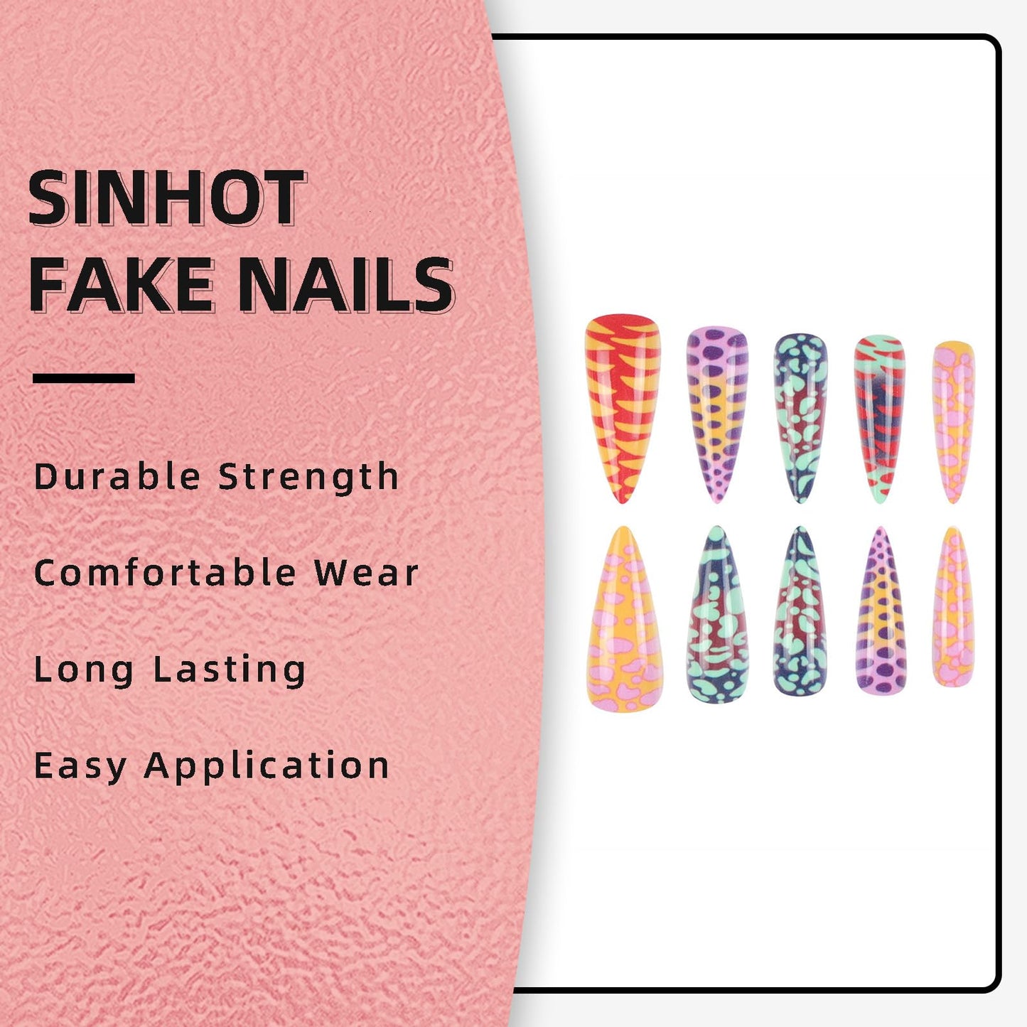 SINHOT Stiletto Press on Nails - Long Fake Nails, Glossy Finish, Colorful Ombre & Abstract Graffiti, DIY Artificial False Nail Art - 24 Pcs Nail Kit with Glue