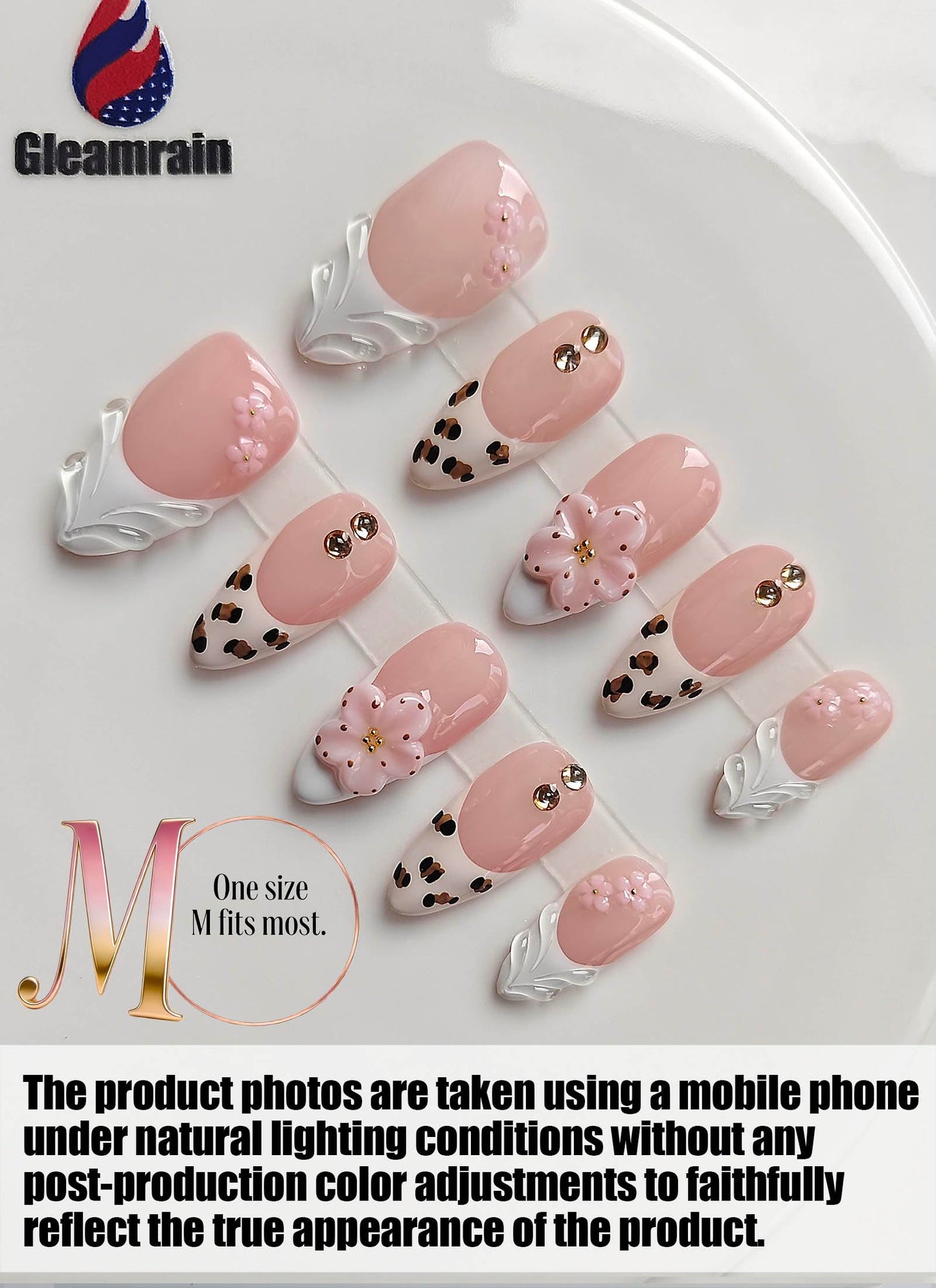 Gleamrain Handmade Press on Nails Almond Shape M Size/Gleamrain Luxury Medium Hand Made Nails with Design for Women 10Pcs by P08