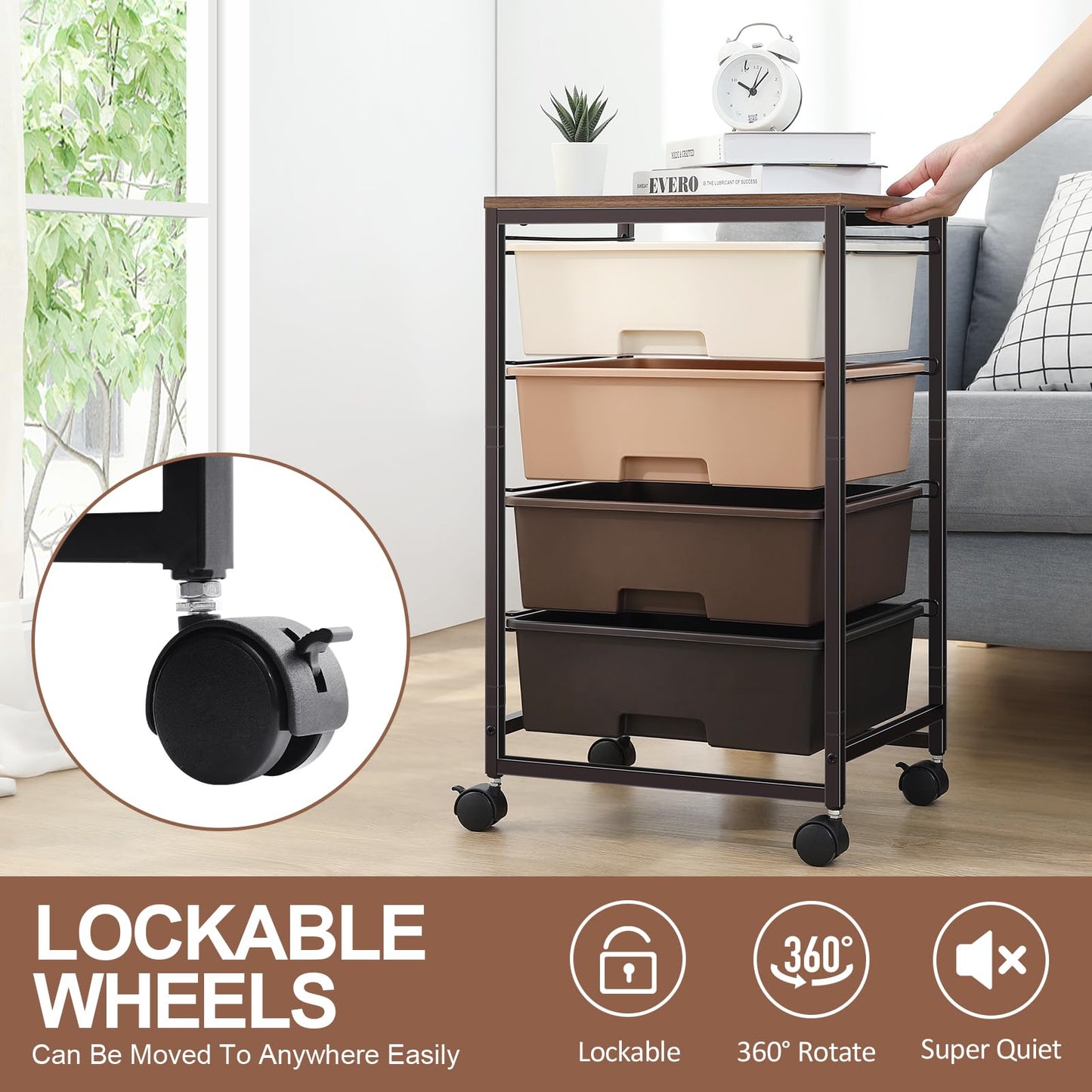SYKIARIOL Utility Cart with 4 Drawers,Rolling Storage Cart with Drawers,Storage Rolling Drawer Cart,Brown