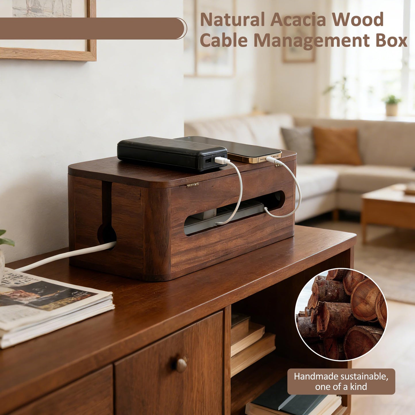 Large Acacia Wood Cable Management Box - Cord Hider & Organizer for TV Wires, Power Strip, Electrical Hiding, Desk & Floor Cables - Solution Wire Storage Solution for Office, Living Room, Bedroom