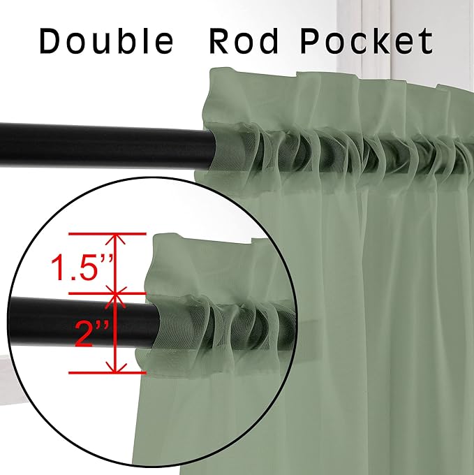 OVZME 2 Panels Window Sage Green Sheer Curtains 42" x 45" Inches for Small Windows, Soft Touching Top Dual Rod Pocket Drapes for Living Room & Bedroom