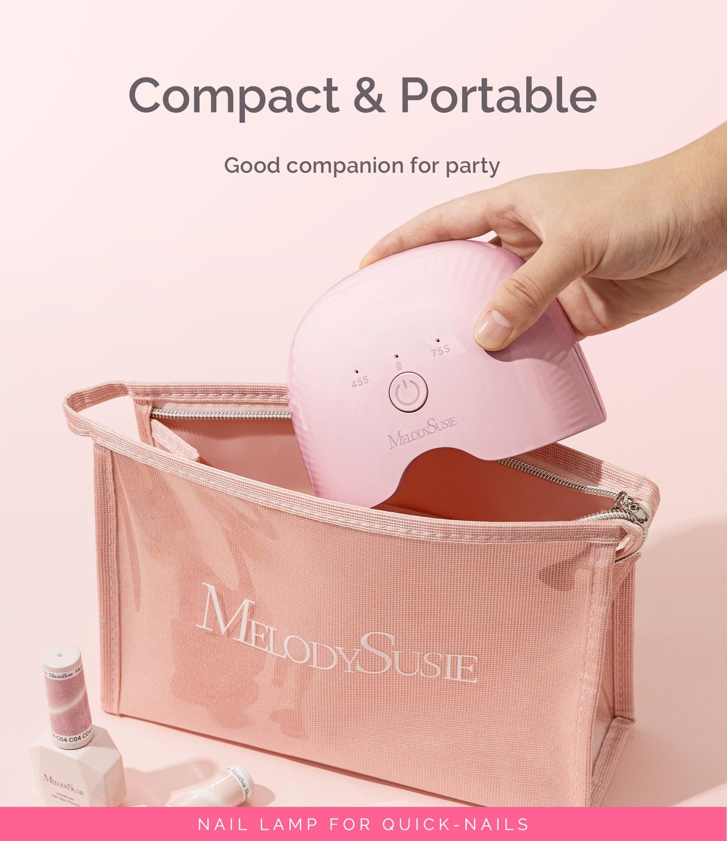 MelodySusie Mini Cordless UV Nail Lamp, P-ART06G Rechargeable Portable LED UV Light with Smart Sensor, 4-Finger Curing for All Soft Gels, Especially Half-Cured Gel, Base Coat & Top Coat, Pink