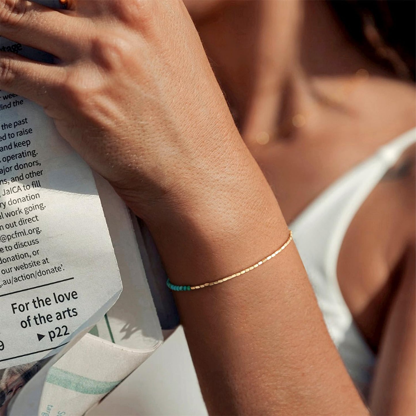 MYEARS Women Beaded Bracelet Gold Gemstone Turquoise 14K Simple Dainty Handmade Chain Everyday Boho Beach Jewelry