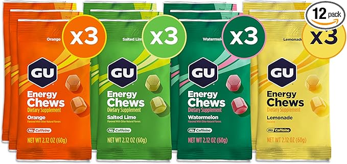 GU Energy Chews, Mixed Pack Energy Gummies with Electrolytes, Vegan, Gluten-Free, Kosher, Caffeine-Free, and Dairy-Free On-The-Go Energy for Any Workout, Caffeine - Free, 12 Bags (24 Servings Total)