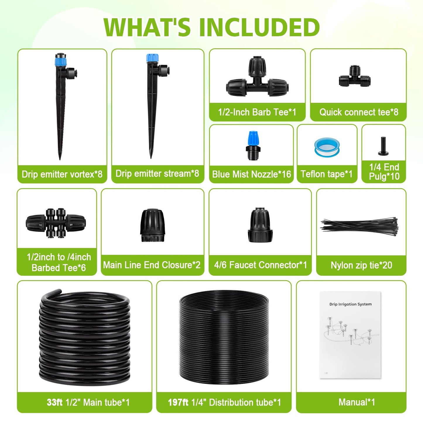 230FT New Quick-Connect Drip Irrigation System Kit, Automatic Garden Watering Misting System for Greenhouse, Yard, Lawn, Plant with 1/2 inch Hose 1/4 inch Distribution Tubing and Accessories