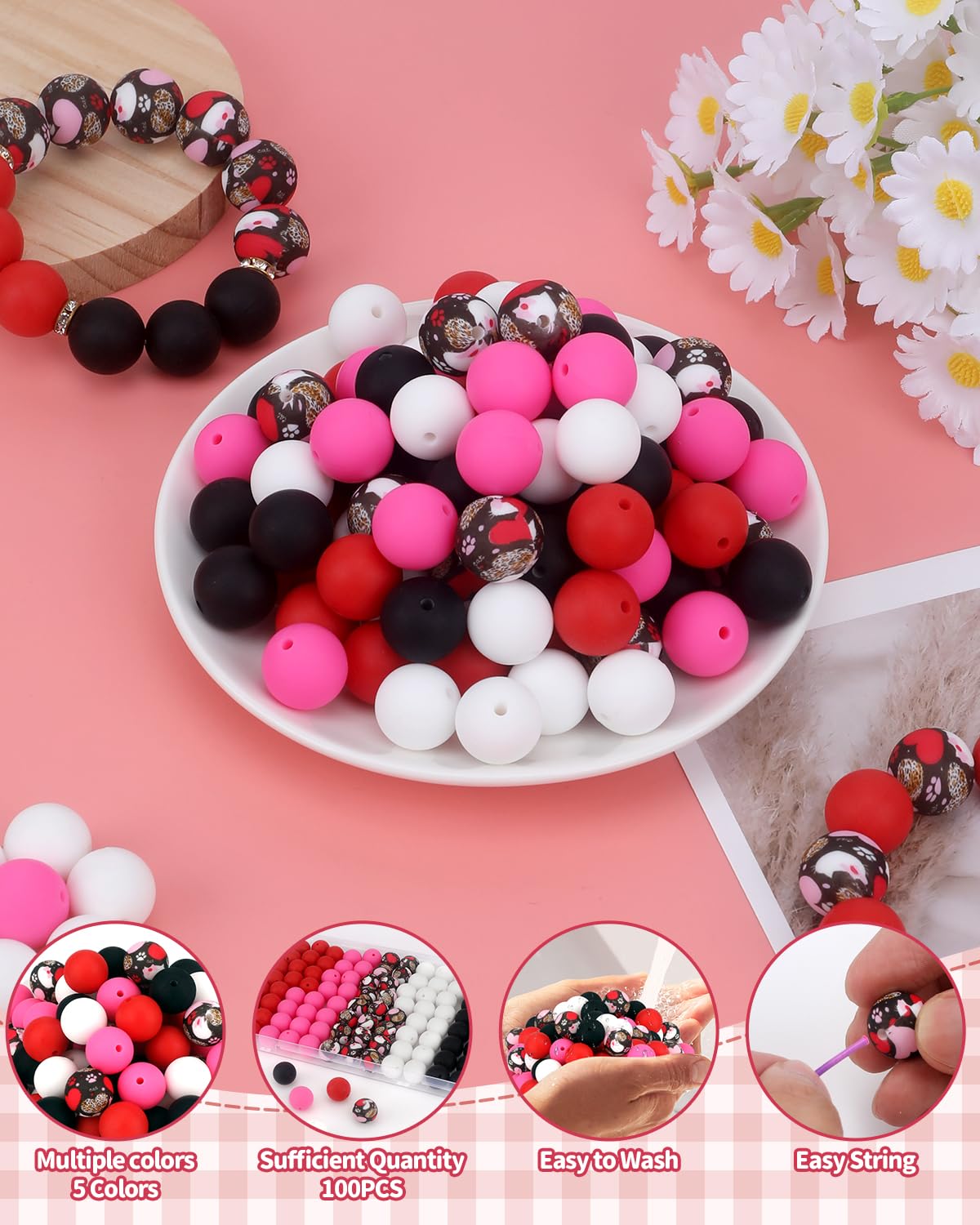 SALUOKE 100 Pcs 15mm Silicone Beads for Keychain Making, Pink Red Silicone Beads Bulk Round for Bracelets Pens Crafts Jewelry Making (Pink Red)