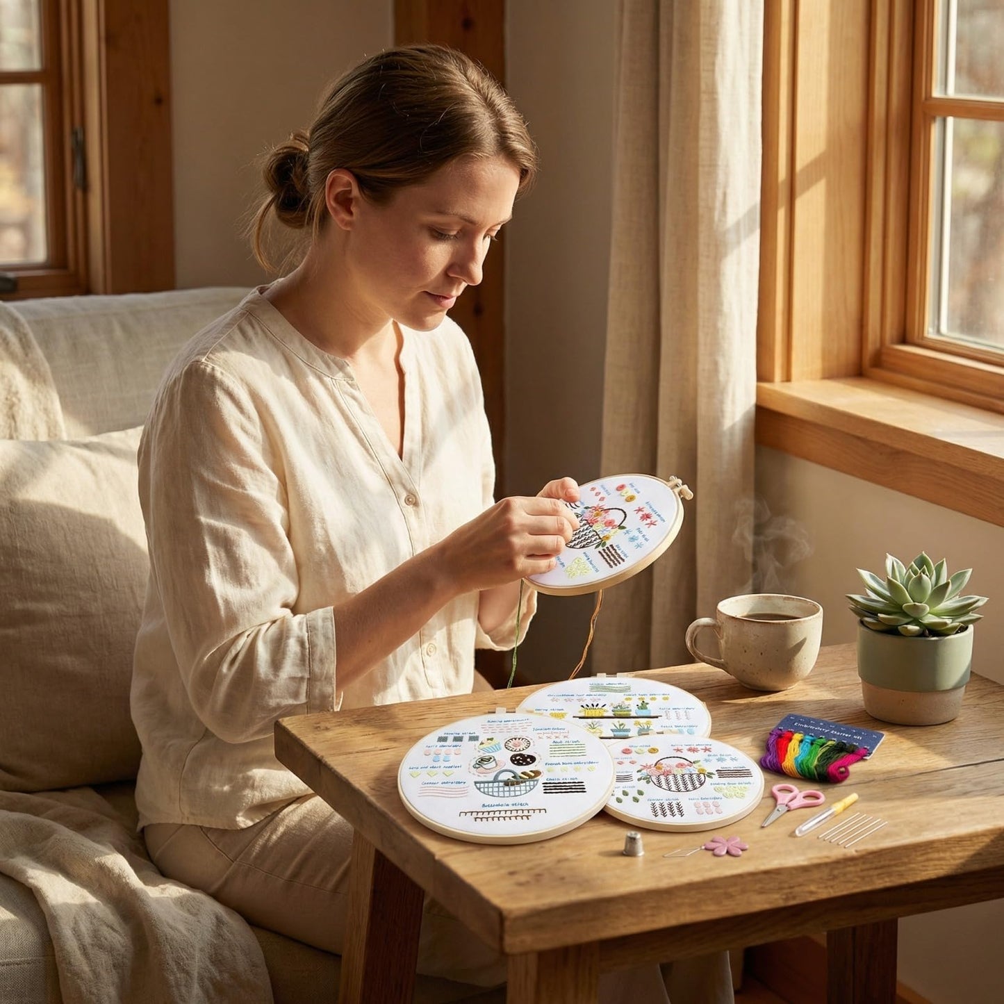 QIZUOLIFE 3 Pack Embroidery Kit for Adults Beginners, Pre‑Stamped Potted Plant Flower Basket Needlepoint Set, DIY Needlework Supplies with Step‑by‑Step Video Tutorials, Handmade Craft Gift Home Decor
