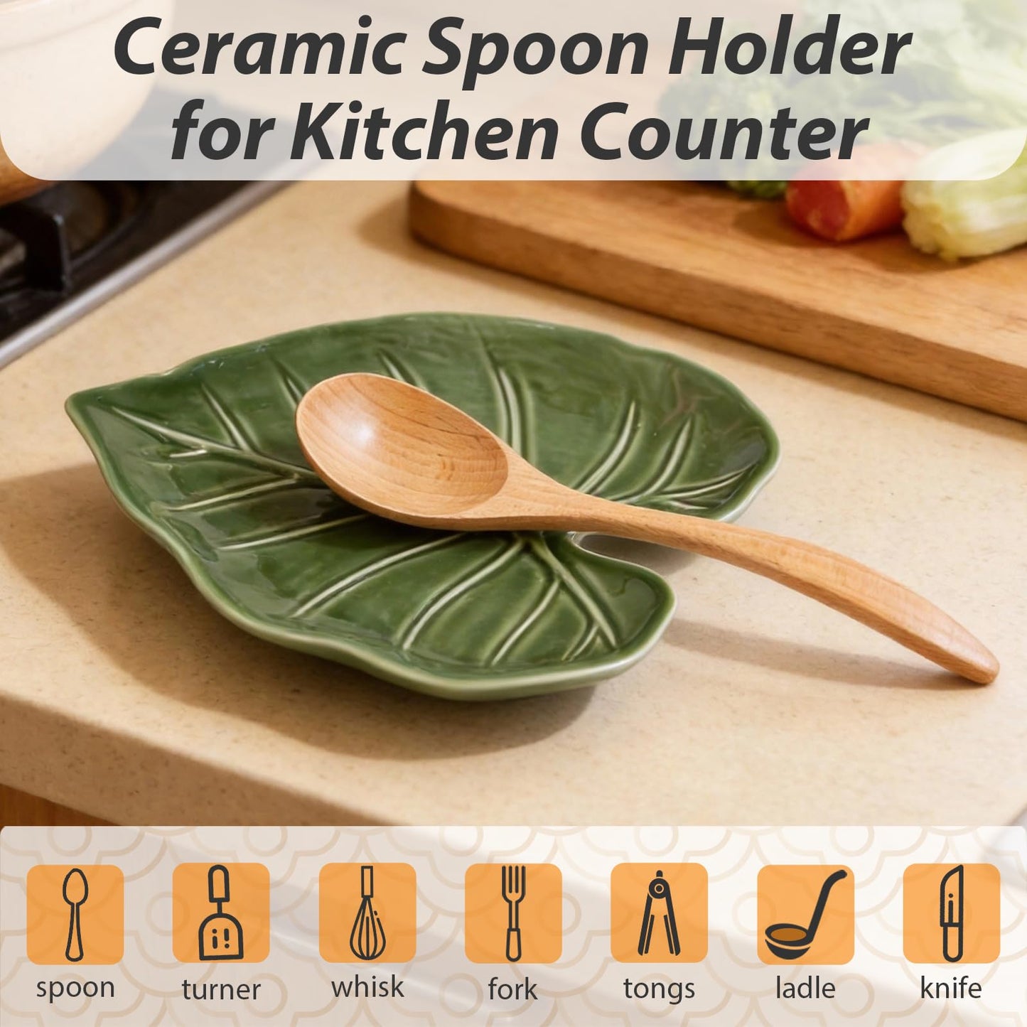 WBXZIXN Spoon Rest for Stove Top, Green Leaf Shaped Spoon Holder, Ceramic Spoon Rest for Kitchen Counter, Cute Spoon Rests Spatula Rest Modern Farmhouse Kitchen Decor
