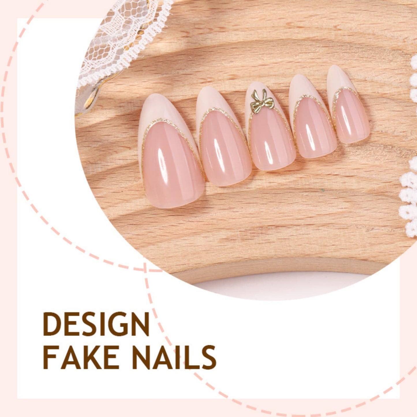 Medium Almond Press on Nails Gold French Tip Fake Nails Nude with Gold Foil Design Glossy Acrylic Glue on Nails Reusable Artificial Nail Full Cover Sticker on Nails for Women 24 Pcs