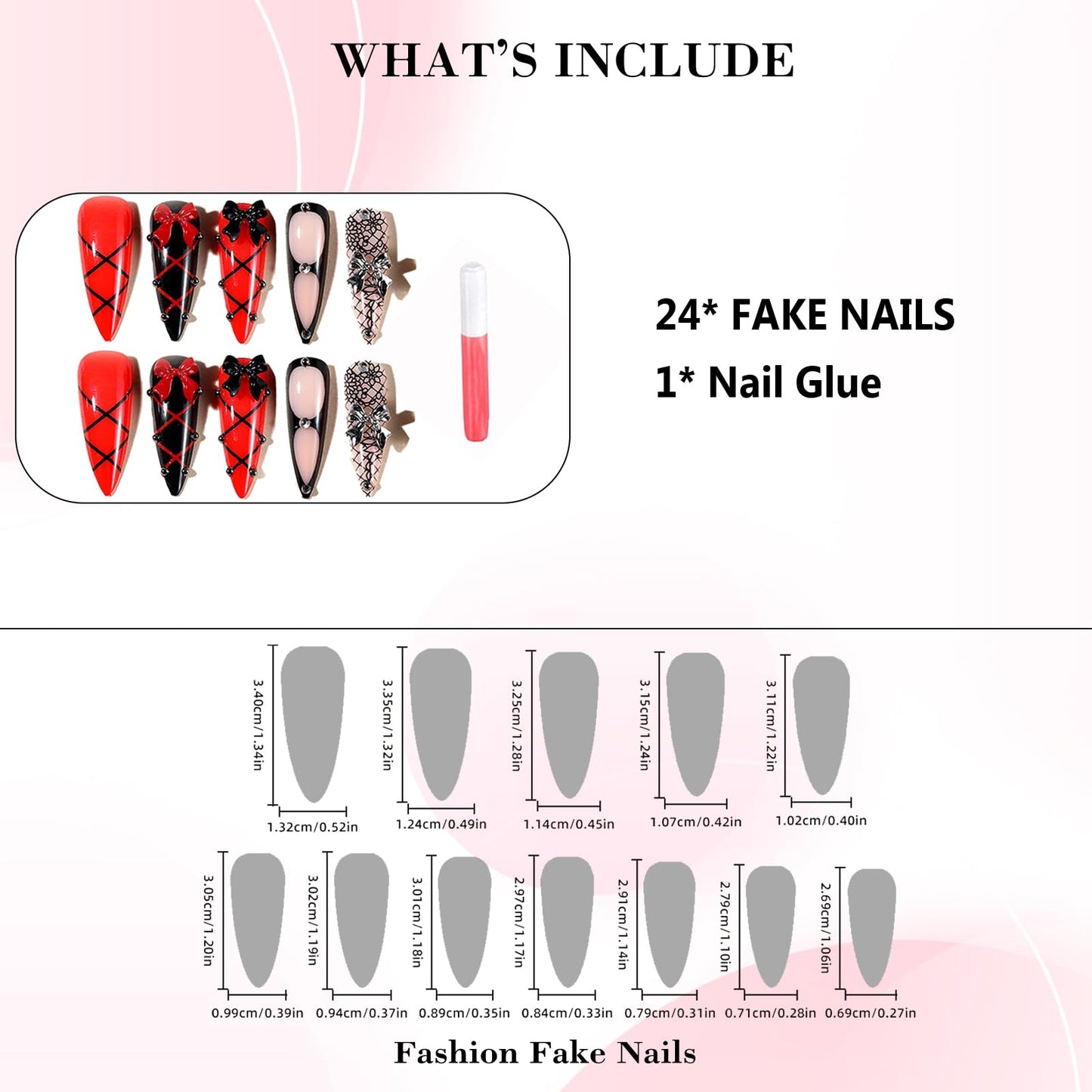 IMRAIN Long Press on Nails Stiletto Fake Nails Red Black False Nails Glossy Acrylic Full Cover Stick on Nails for Women Manicure 24Pcs