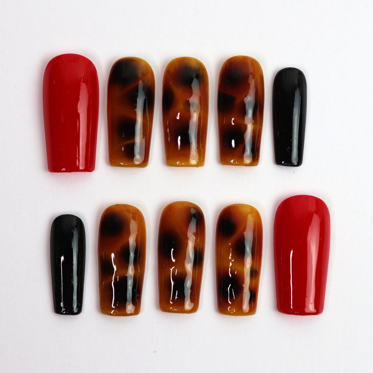 Tortoise Luxe Press-On Nails Medium Square | Handmade Tortoiseshell Red and Black Nails | Reusable False Nails | Elegant Custom Nail Set (Tortoise Luxe Red, S Medium Square)