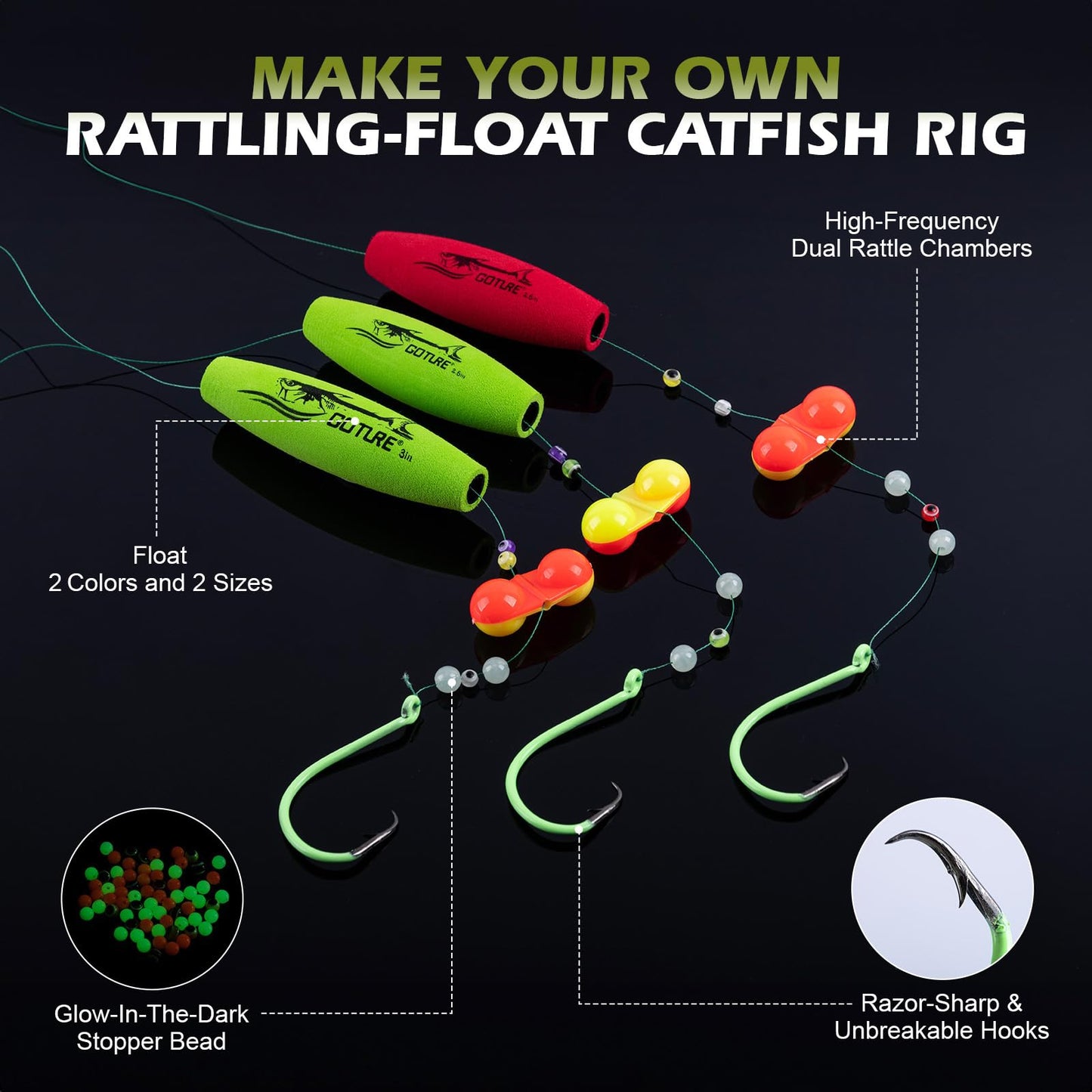 Goture Catfish Rig Making Kit,300pcs Catfishing Tackle with Luminous Fishing Hook Swivel Sinker Weights Rattle Float Bobber Stoppers,Catfish Rigs Accessories with 3600 Tackle Box,Gifts for Men