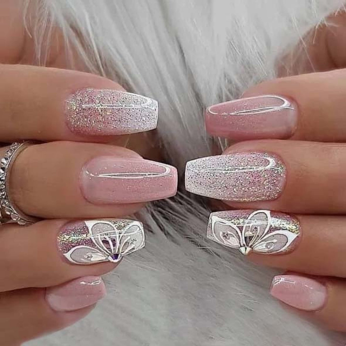 MISUD Press on Nails - Medium Coffin Glue on Nails with Pink Ombre, Acrylic Bling Glitter Design 24 pcs