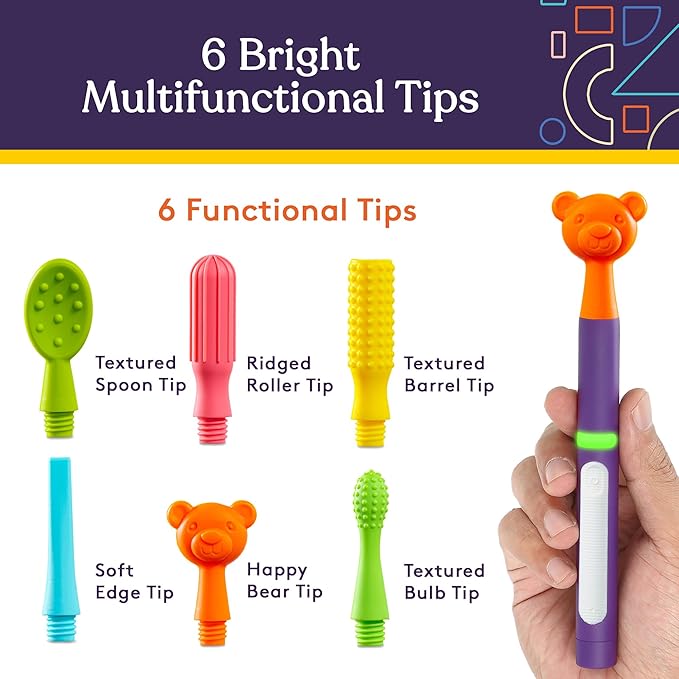 Special Supplies Buzz Buddy Oral Motor Stimulation Kit with 6 Soft Textured Interchangeable Heads, Calm Sensory Needs, Support Speech, and Stimulate Self Feeding, Gentle Vibrations (Purple)