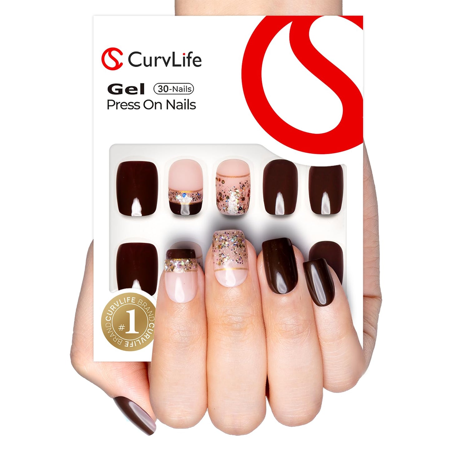 Curvlife Press on Nails Acrylic Medium Fake Nails with Golden brown Design Full Cover False Nails for Women Reusable Nail Kit with Nail Glue Adhesive Tabs