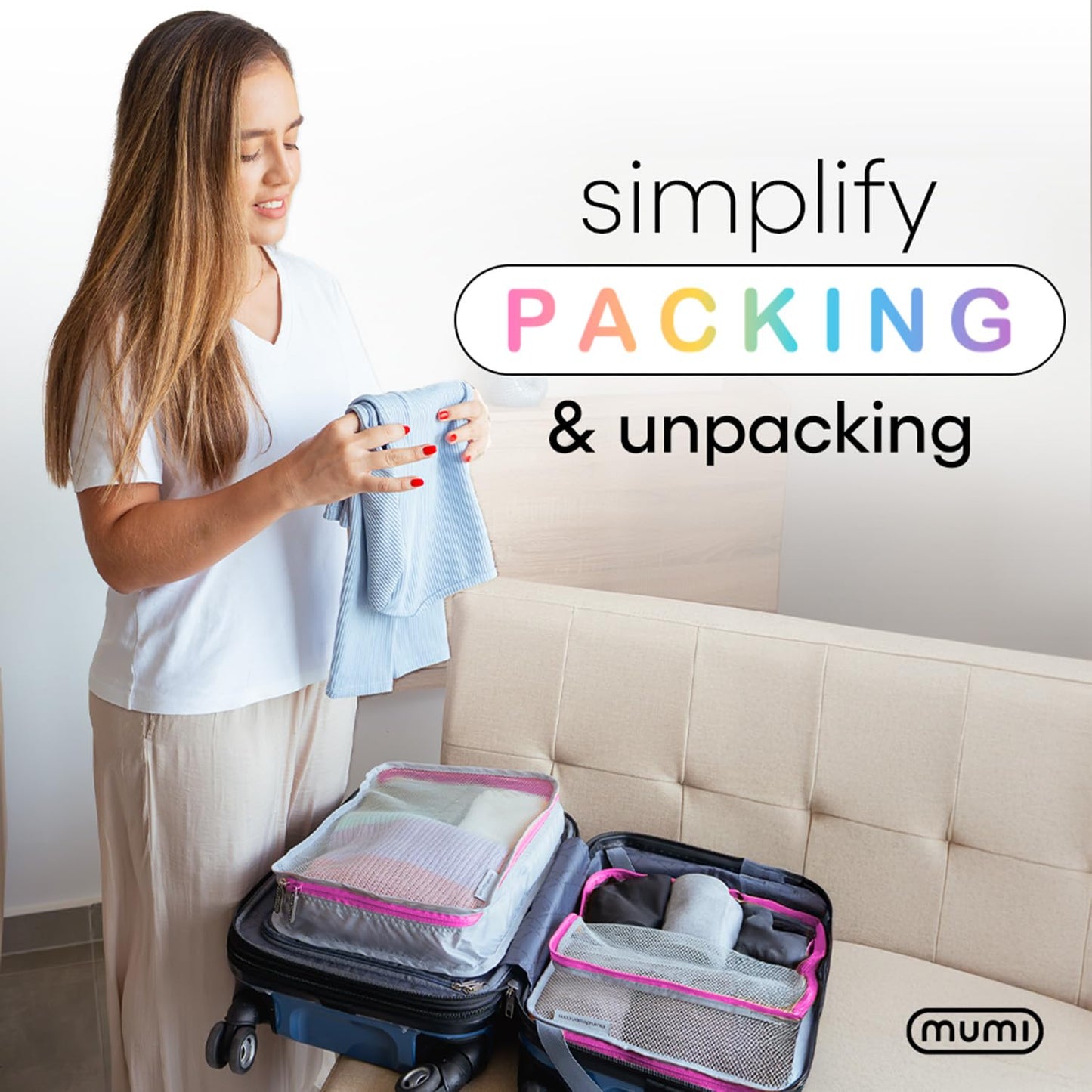 MUMI Packing Cubes - 5 Compression Packing Cubes for Travel, Luggage Organizer Bags for Suitcases, Carry-On, Duffle or Backpack – Mesh, Waterproof Bags for Clothes, Kids & Travel Accessories - Orange