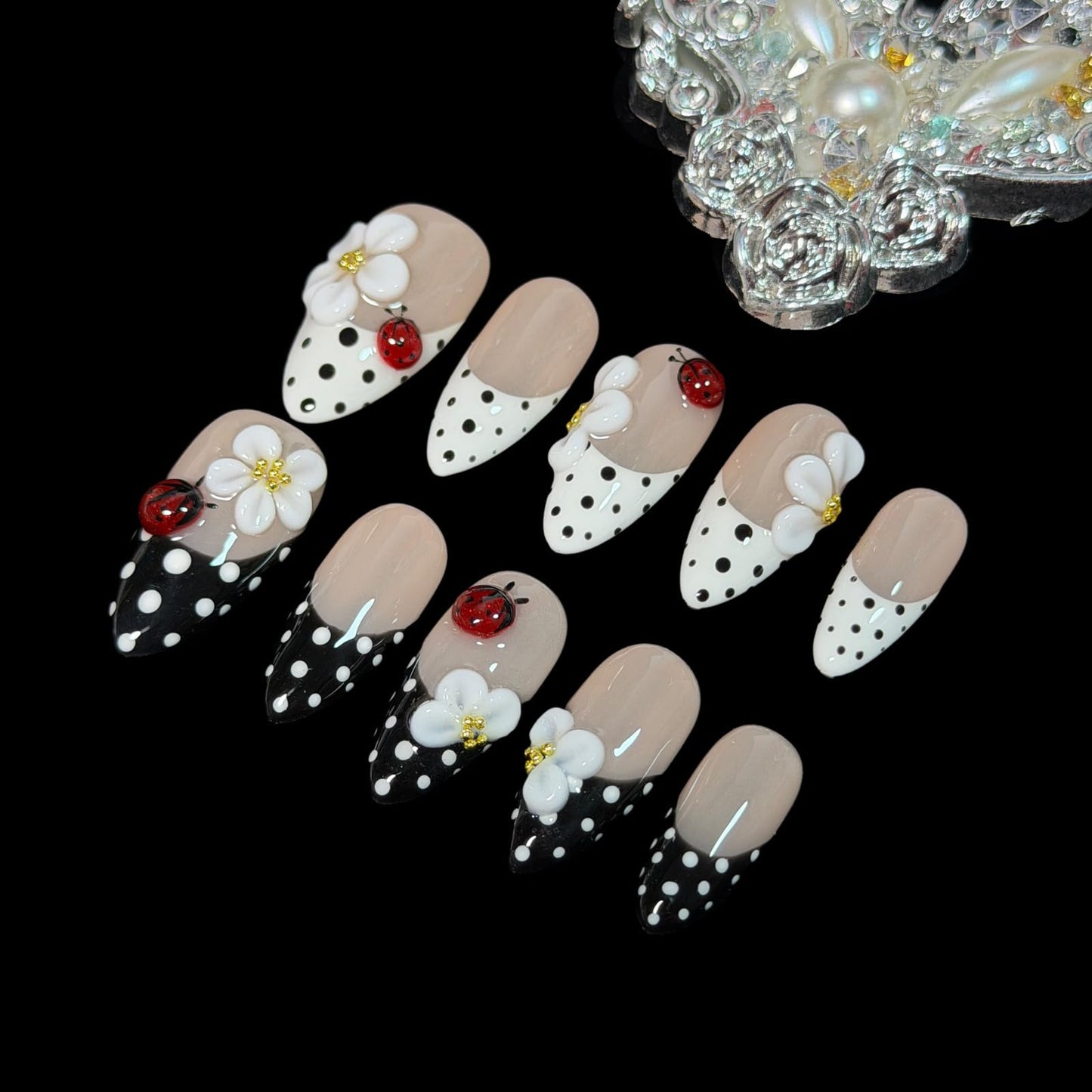 Handmade Press On Nails, 3D Floral & Ladybug Design - Medium Almond, Black & White Polka Dot with Nude Base, Thick Acrylic False Nails Ladybird (L)