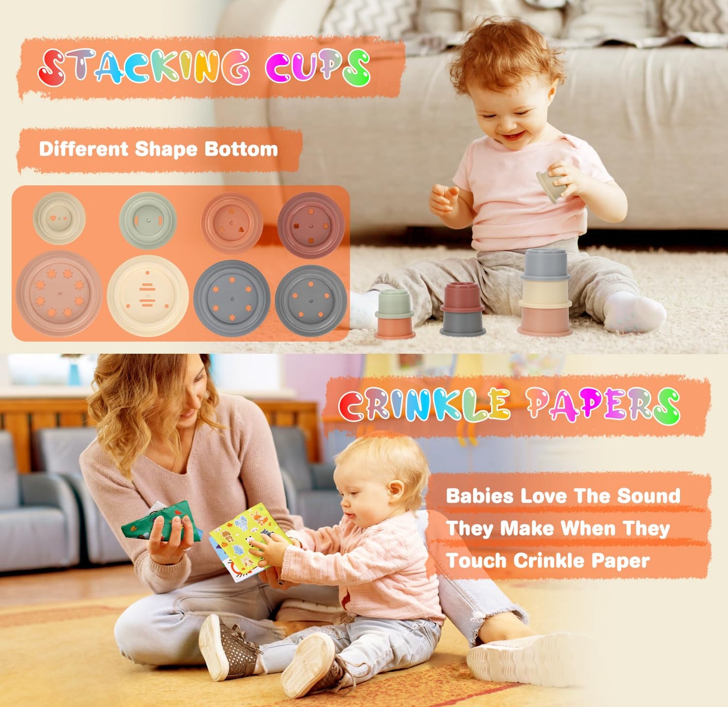 Baby Toys 6 to12 Months, 7 in-1 Montessori Toy for 6-9-12-18 Month Old with Pull String Toy, Sensory Bin Toys, Stacking Baby Blocks & Soft Infant Ring & Sensory Ball, Stacking Cups for Toddler 1-3Gift