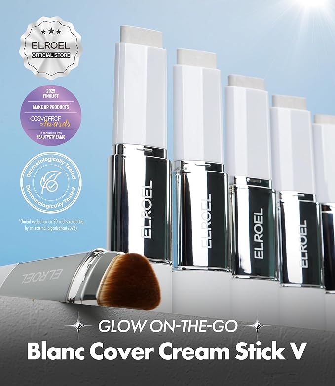 Blanc Cover Cream Stick V White - Korean Color-Changing Foundation Stick with Volufiline - Medium to Full Coverage Dewy Finish Base Makeup - Dual-Ended with Detachable Brush (202 Natural)