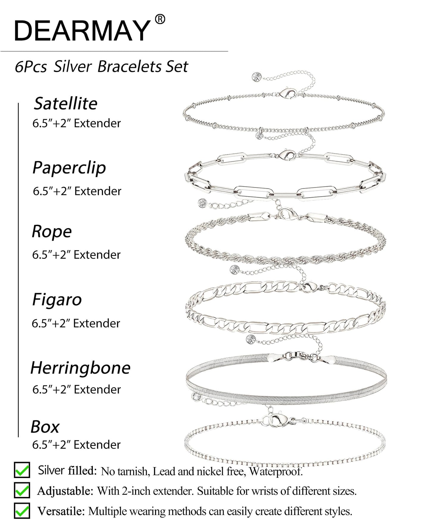 DEARMAY Silver Plated Bracelets for Women Dainty Silver Jewelry Sets Trendy Stackable Paperclip Rope Snake Box Figaro Chain Bracelets Pack Costume Fashion Gifts