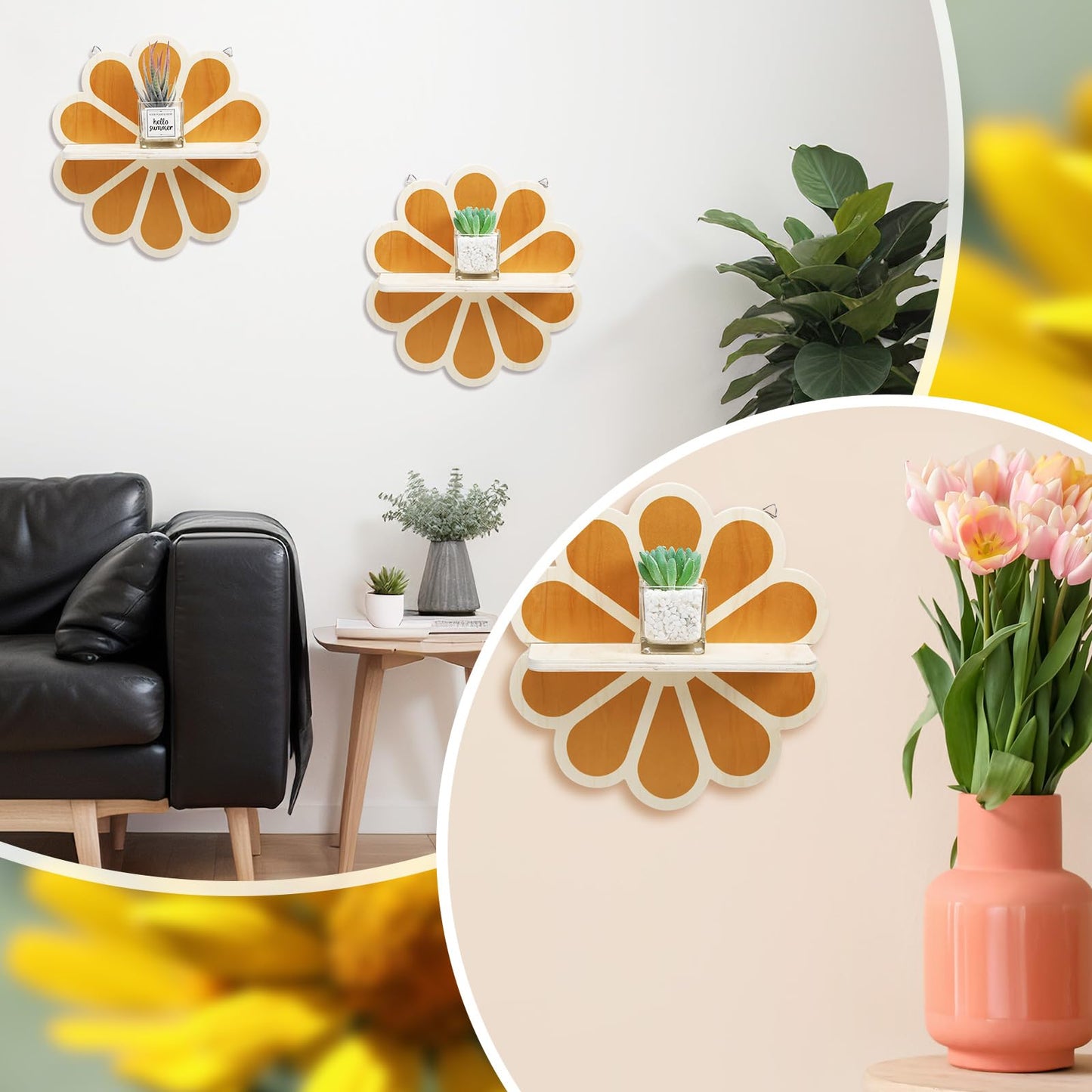 Tatuo 2 Pieces Boho Wooden Flower Wall Shelves Bohemian Holders Hanging Shelf for Living Room Bathroom Bedroom Office Nursery Wall Decor