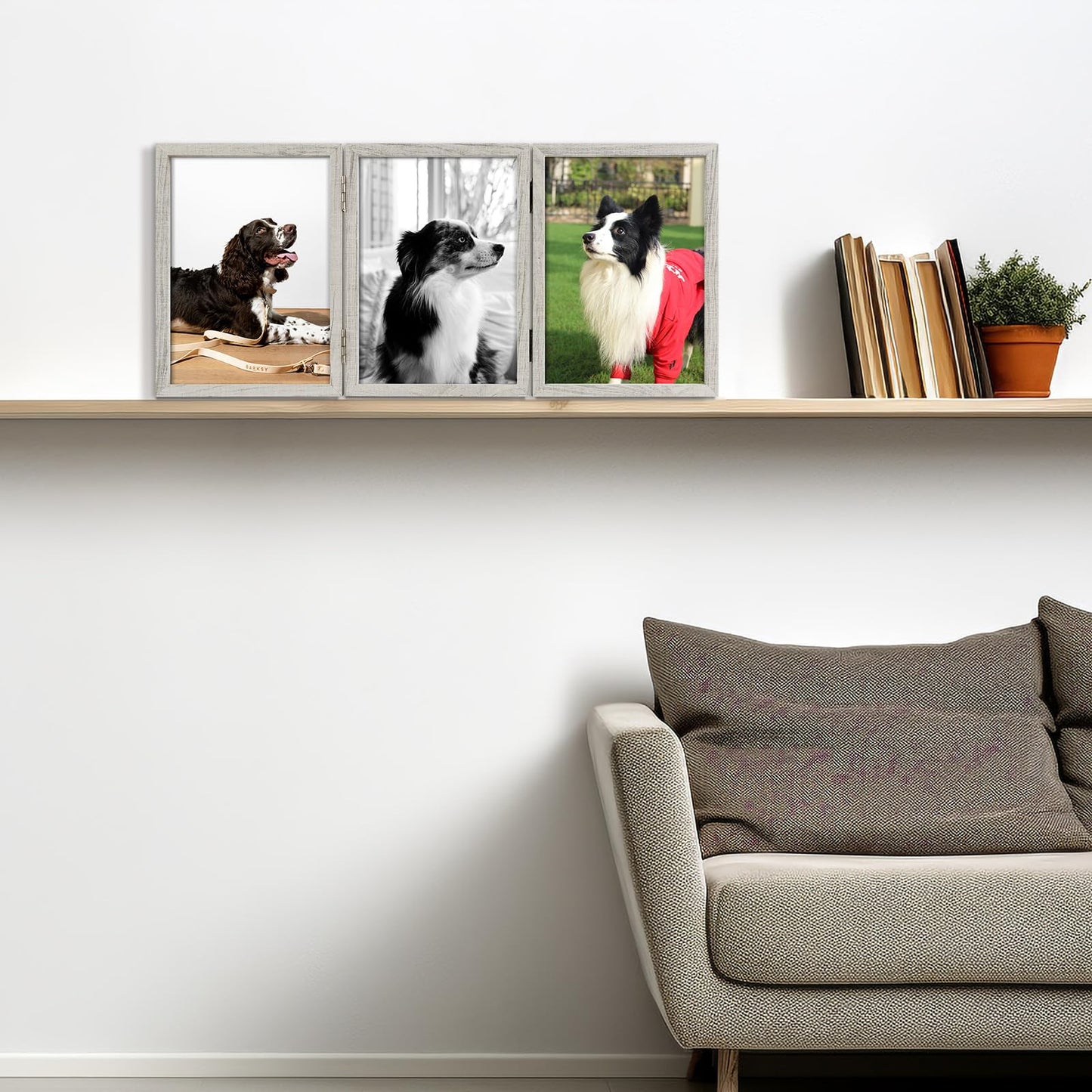 Space Art Deco Triple 5x7 Picture Frame, 3 5x7 Folding Photo Frame, Standing Vertically on Desktop or Tabletop, Home Decorative Christmas Holiday Gift, Whitewashed Oak