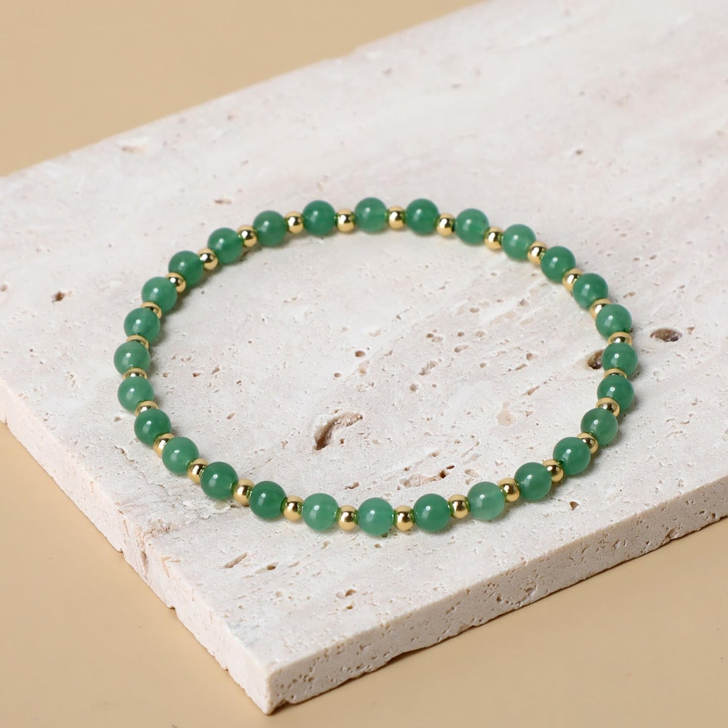 QOGIR Green Aventurine - Prosperity - 14K Gold Plated Beads Natural Gemstone Stretch Elastic Dainty Healing Beaded Bracelets Gifts 4mm
